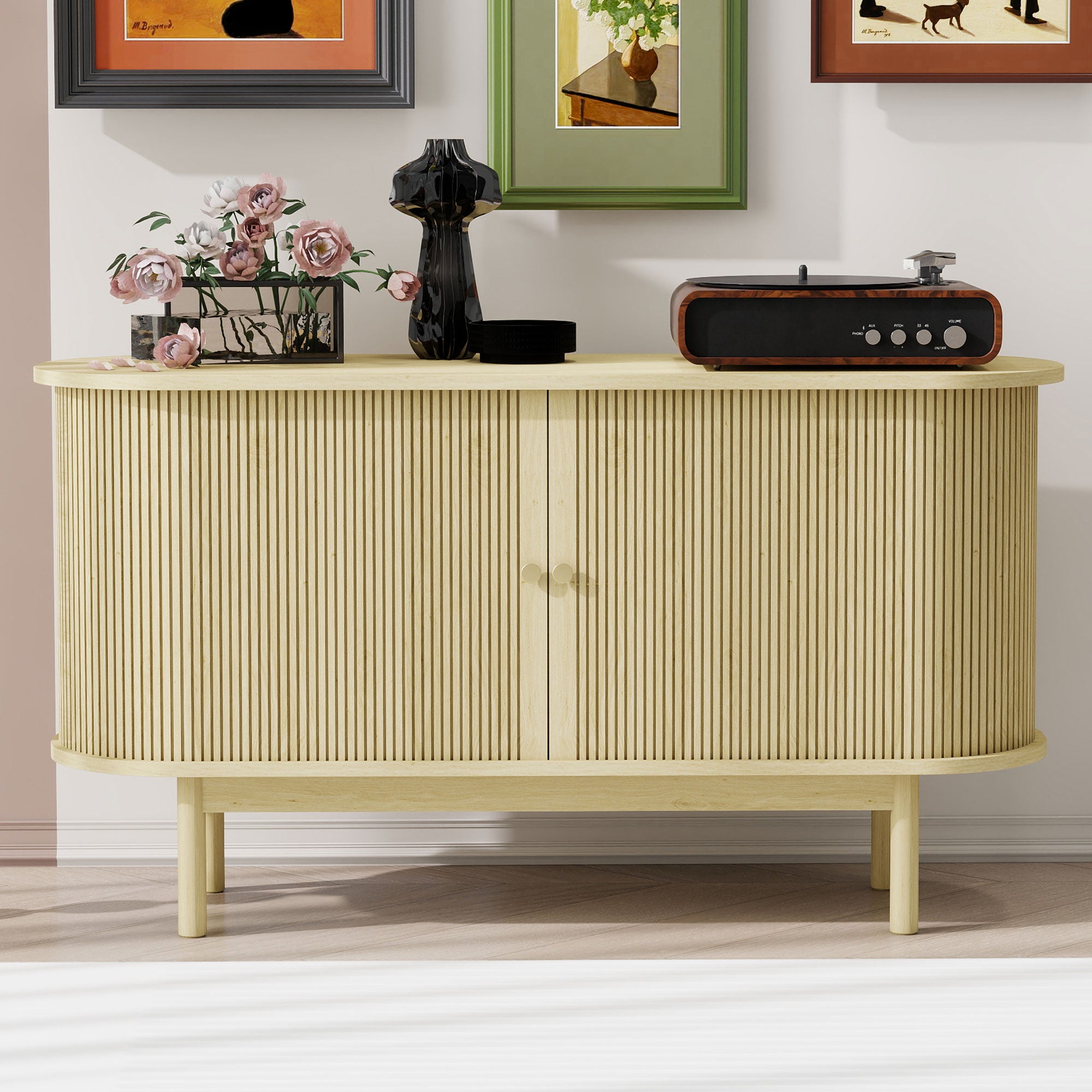 Sideboard, Retro Modern Slatted with Sliding Doors, 138cm Adjustable Shelves, Natural Wood
