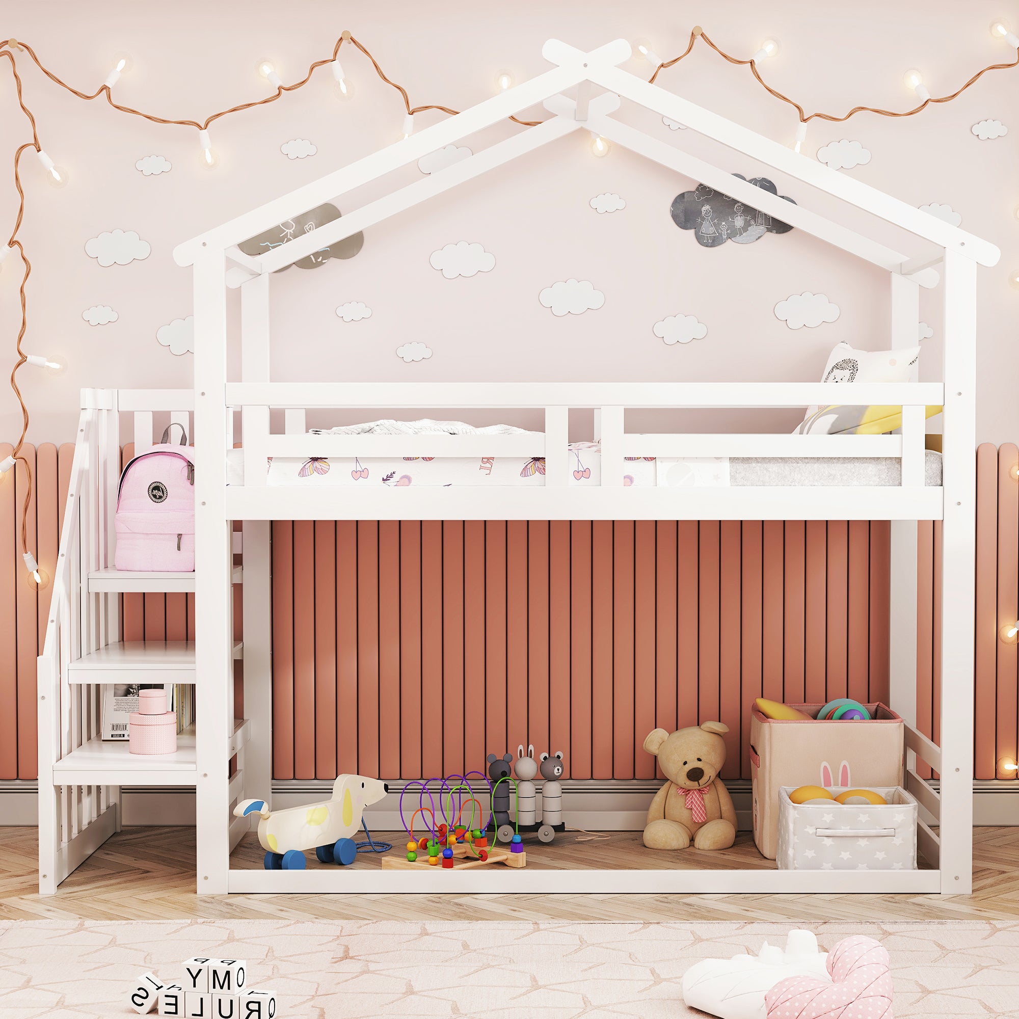 Children's Bed 90x200cm, Low Bunk Bed with Safety Stairs, Solid Wood, White