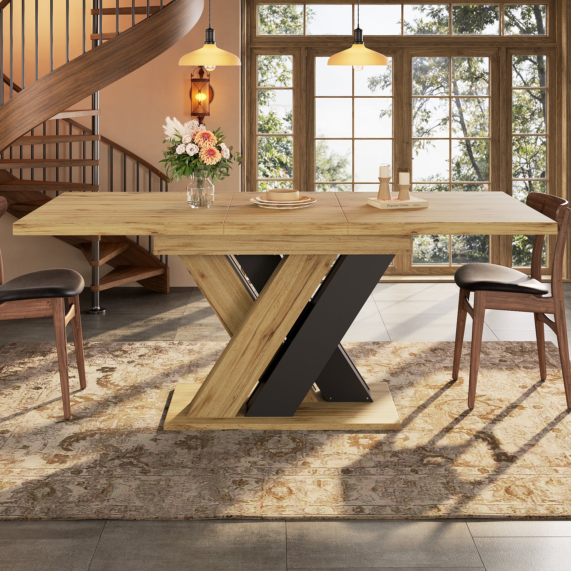 Telescopic Dining Table 119-158.5x80cm Extendable X-Legs - Wood Color