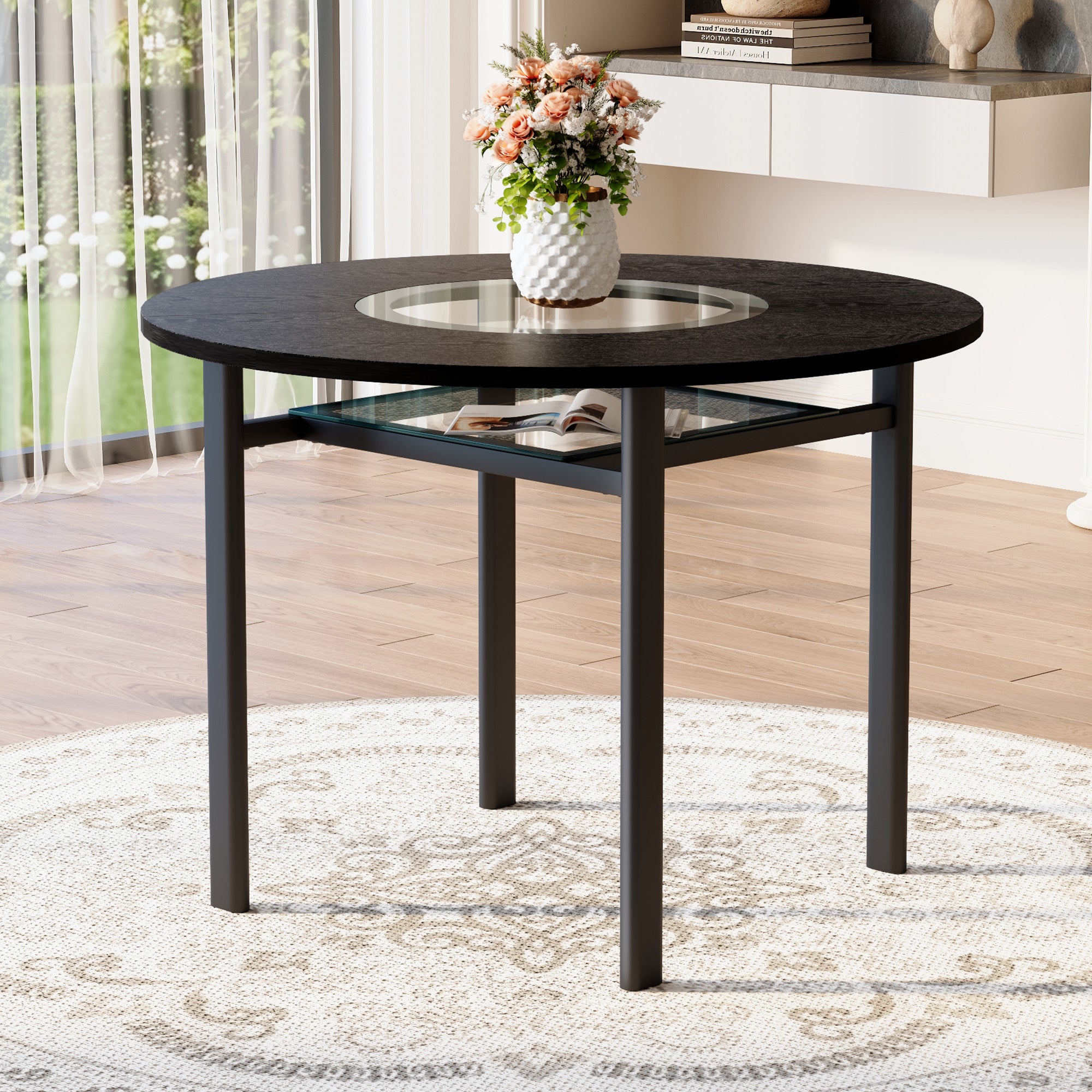 Round Dining Table 100cm Minimalist Black Wood Grain Grey Glass Insert Metal Frame