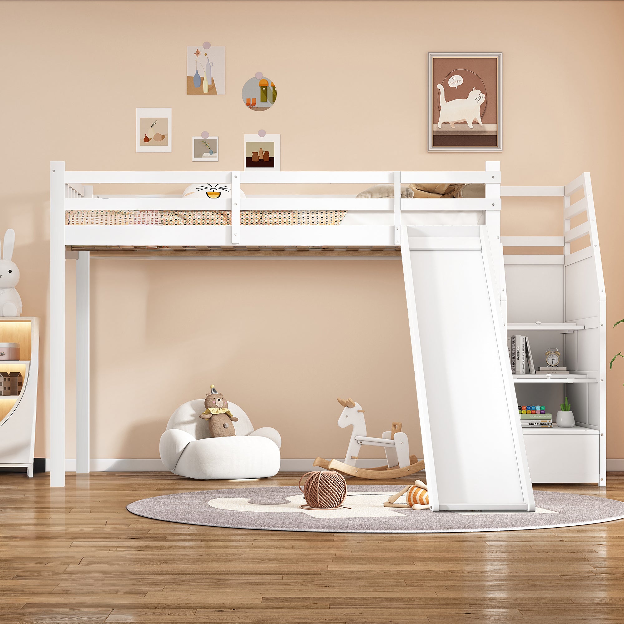 Children's Bunk Bed 90x200cm Slide Storage Ladder Removable Railing, White