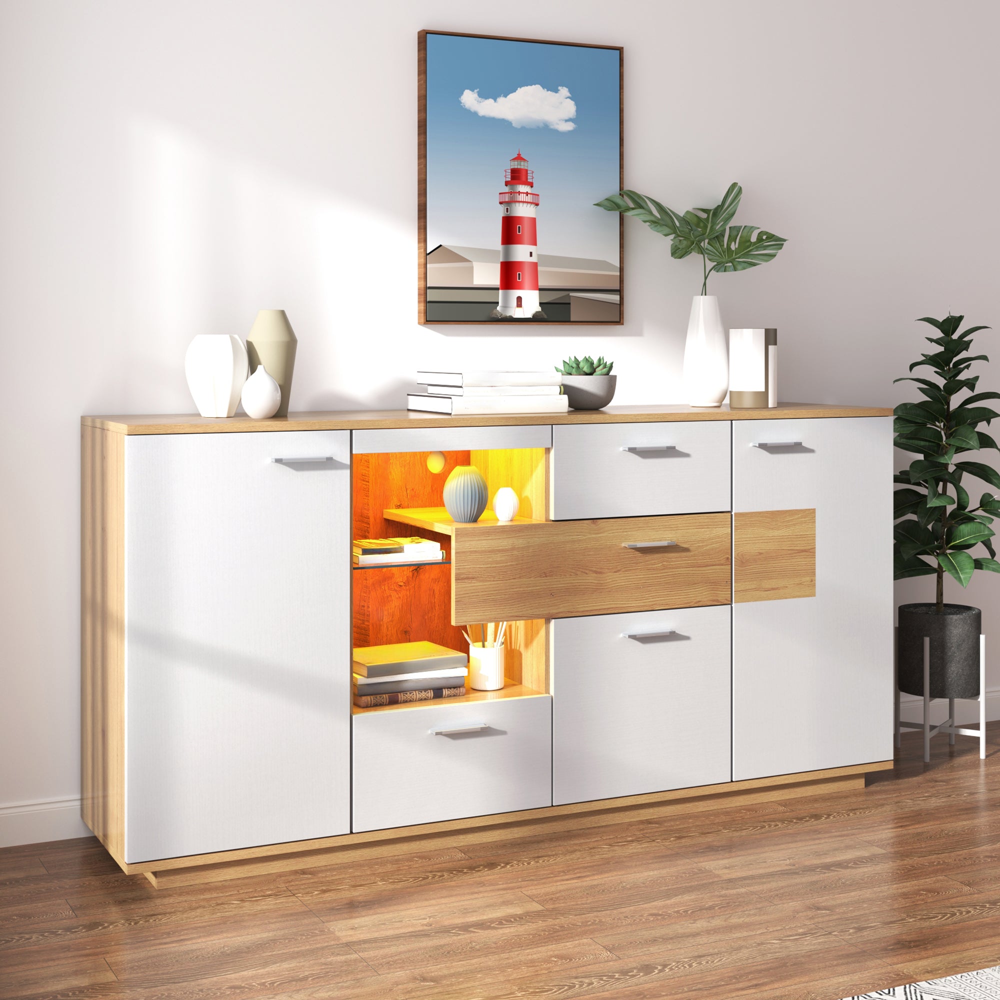 Sideboard Cabinet, 160x40x77cm, LED Lighting, 2 Doors, 4 Drawers, Glass Shelf, White Wood Look