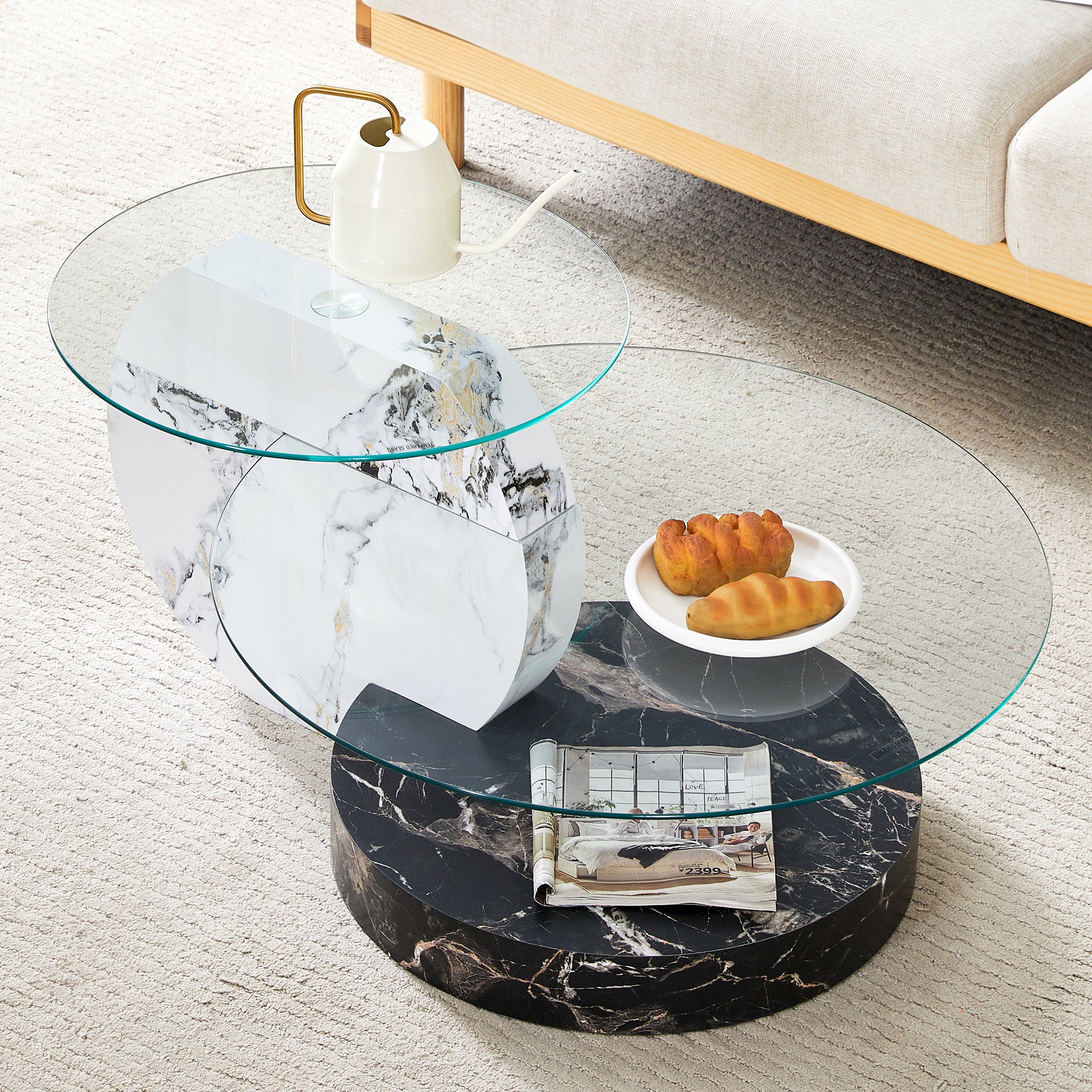 Coffee Table Modern Minimalist Two-Tiered Safety Glass Black and White Marble Effect