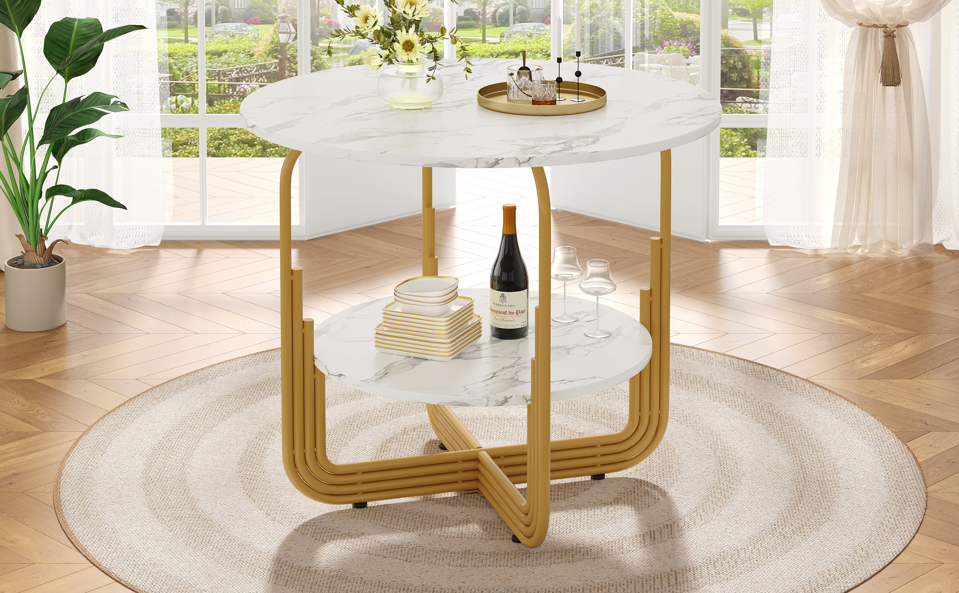 Round Dining Table 80x80x76cm 4-Person Storage Shelf MDF Marble Top