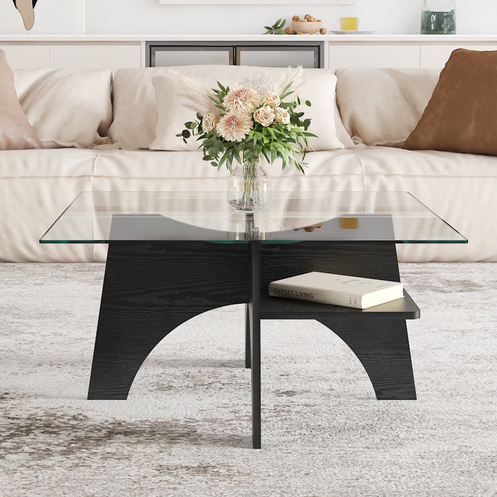 Modern Square Side/Coffee Table Tempered Glass 80cm - Black Wood Look