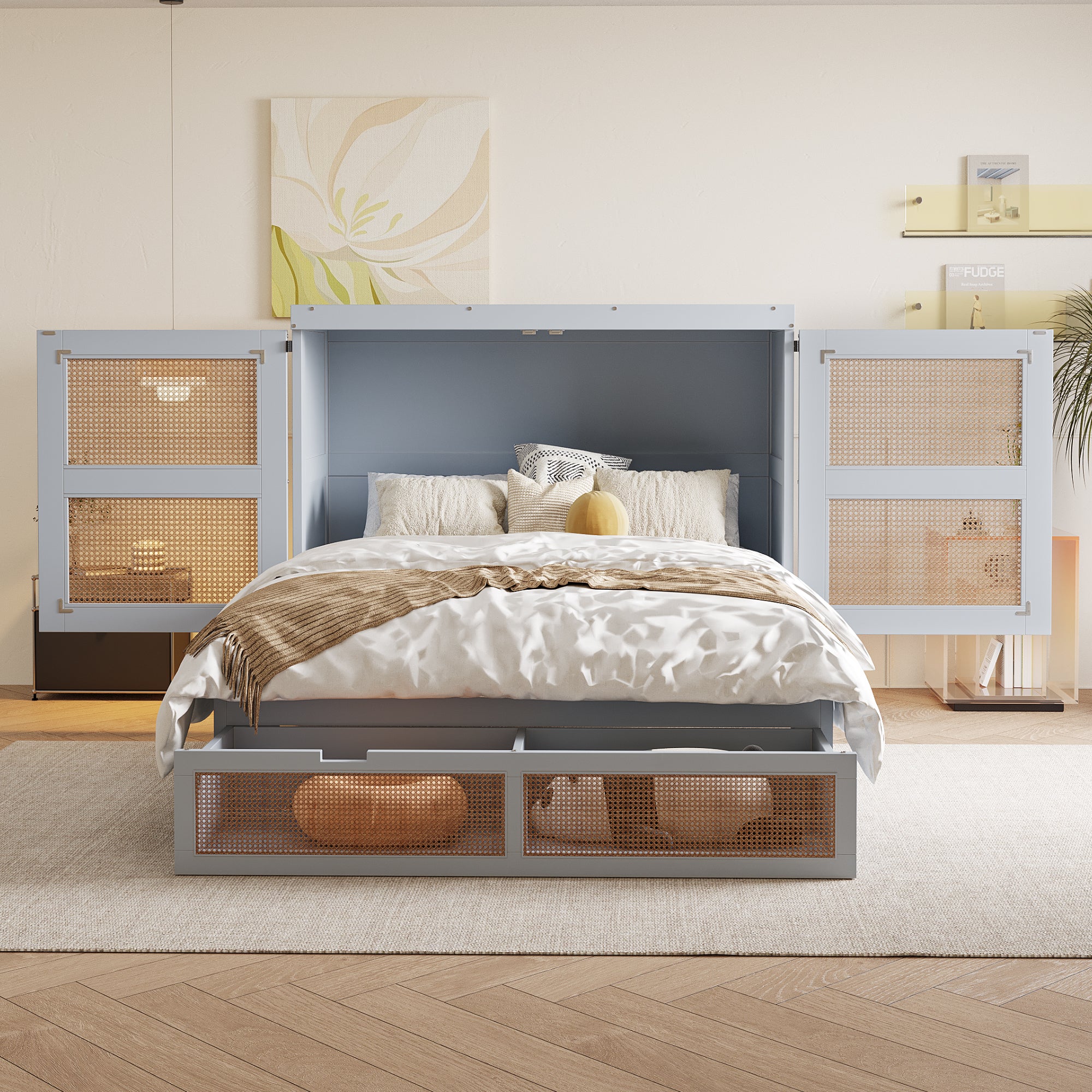 Wall Bed 140x200cm, Slatted Frame, Storage Drawers, Rattan Design, Grey