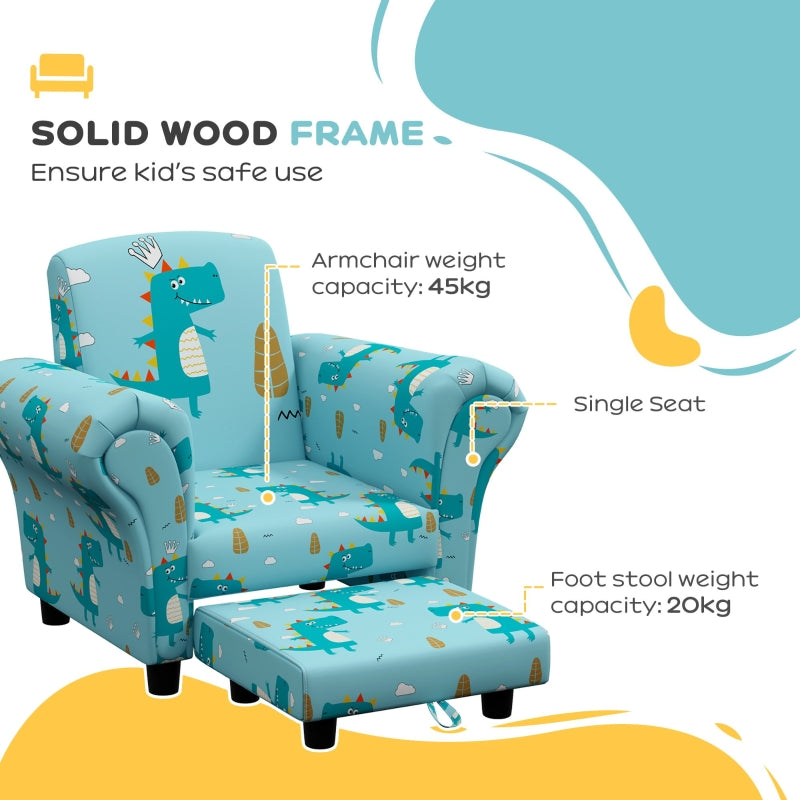 2 Piece Kids Sofa Set, Dinosaur Design Wooden Frame, Blue