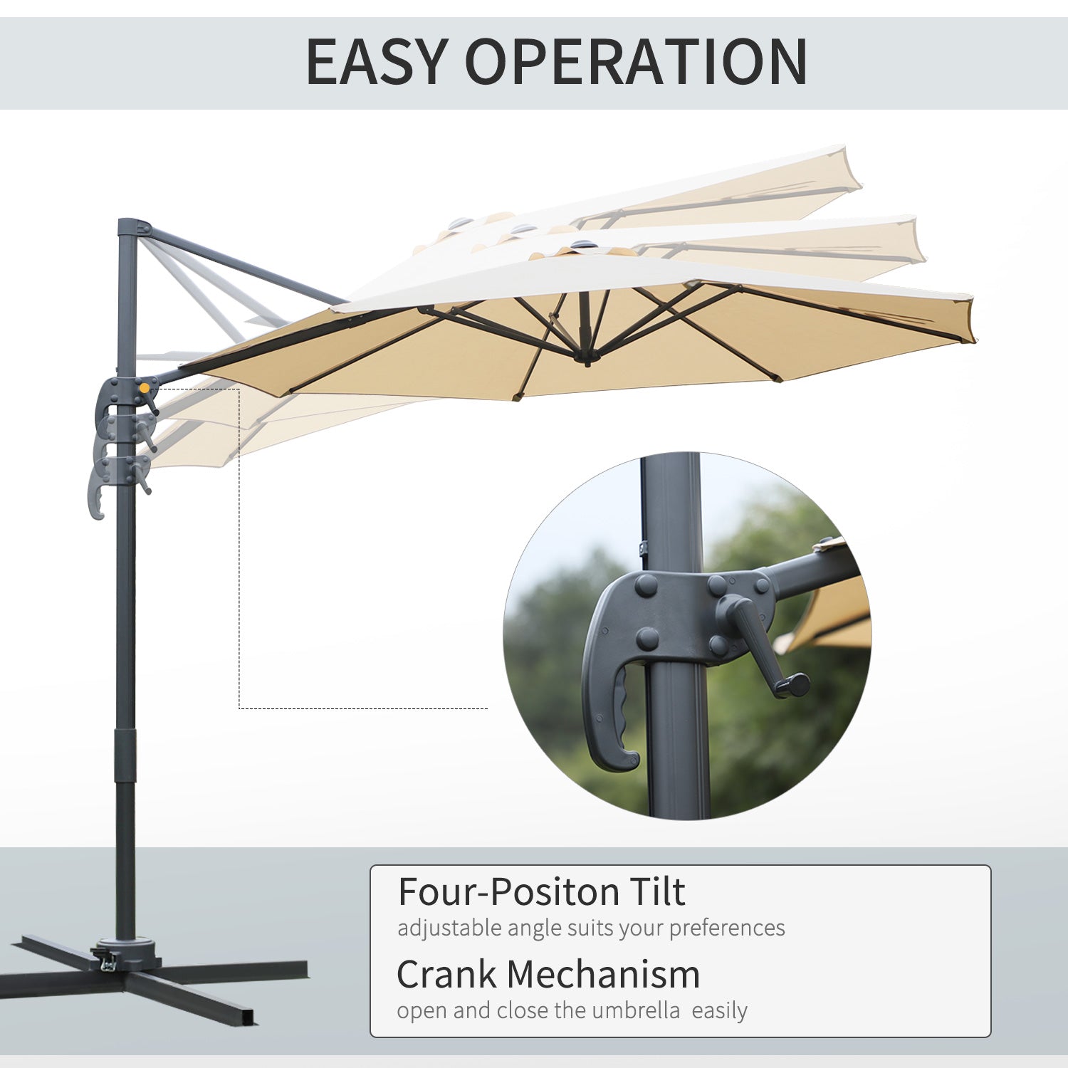 Round Umbrella Parasol, Tilt 360° Rotation Hand Crank Cross Base - Beige