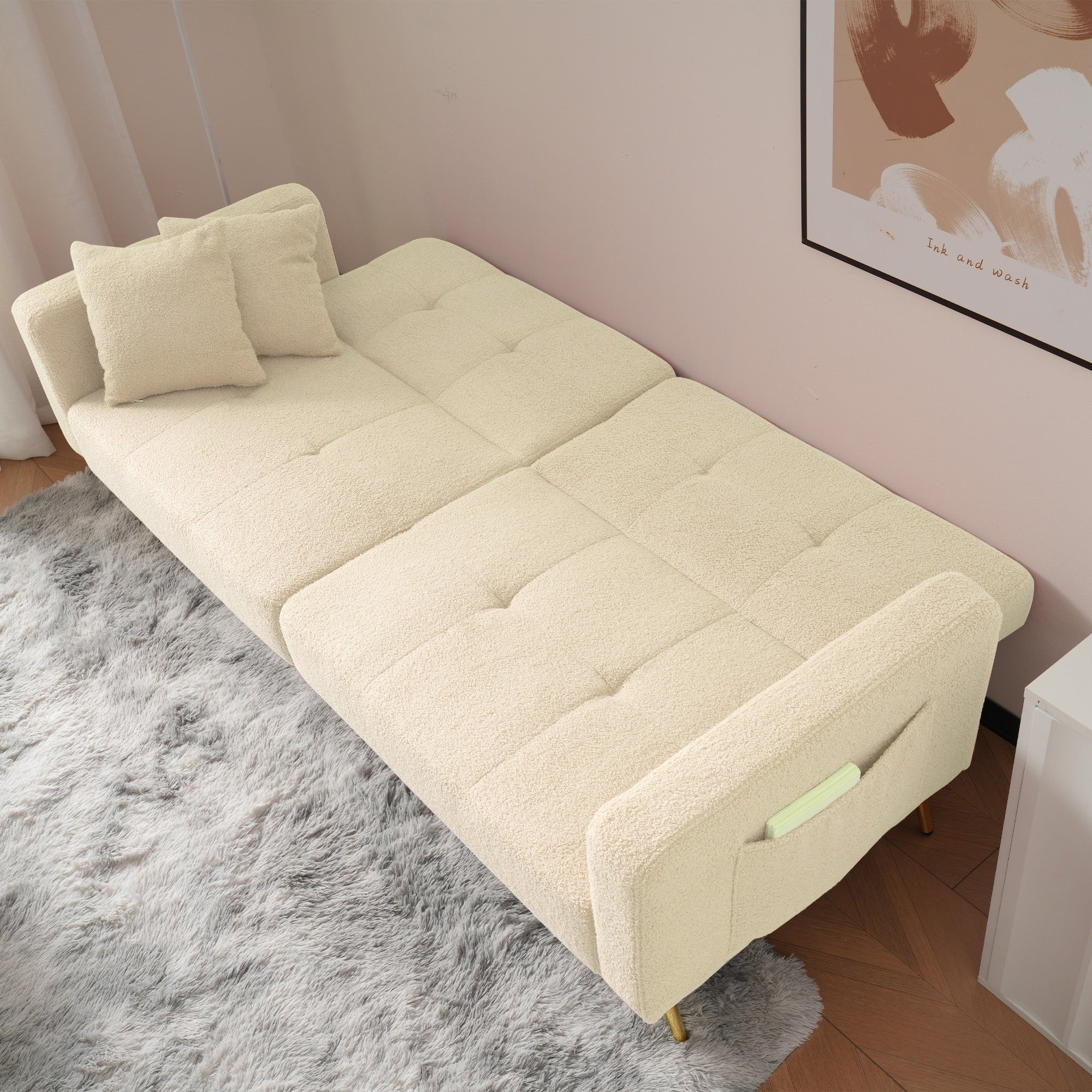 Sofa Bed with Adjustable Backrest, Gold Legs & Storage Pockets, Cushions Included