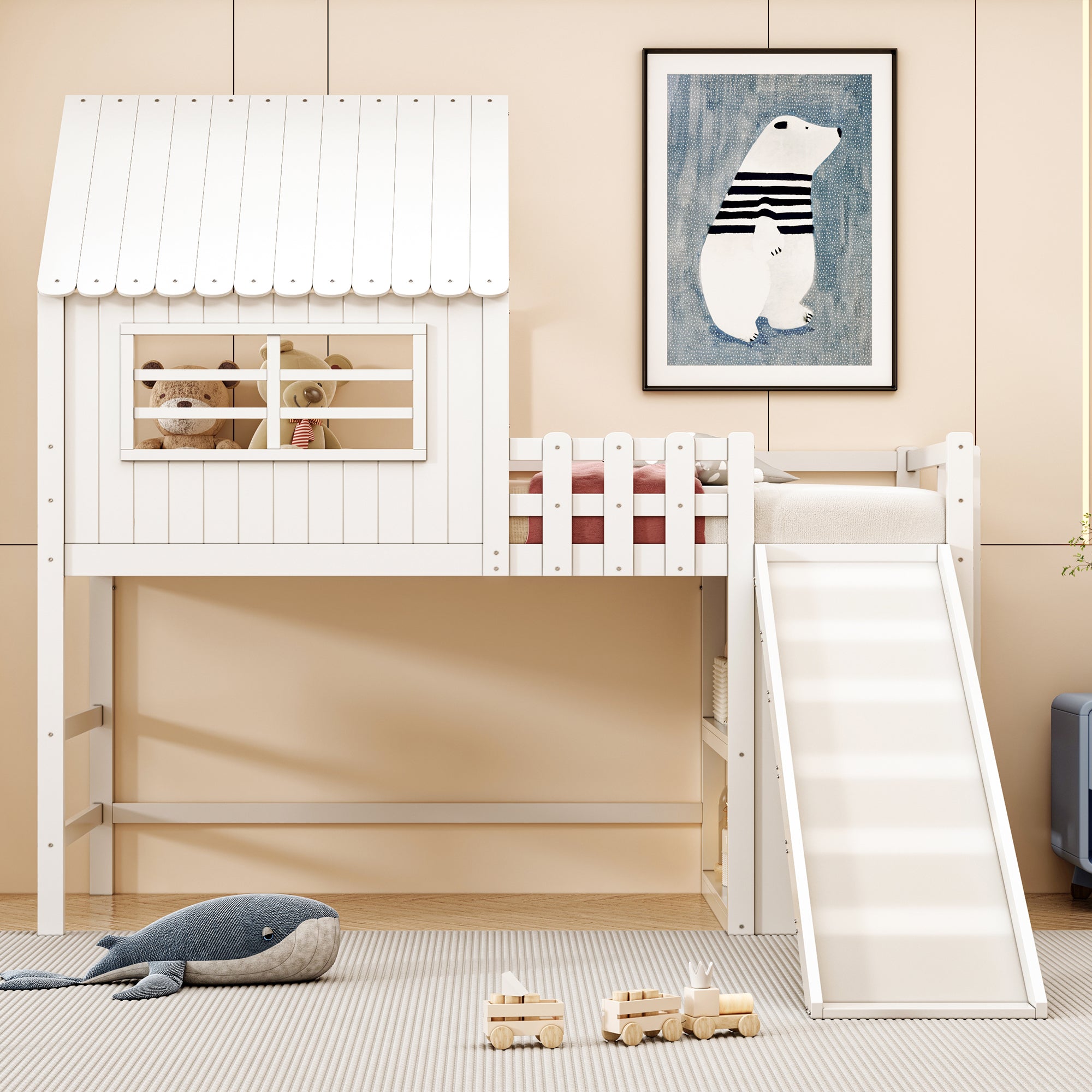 Children's Bed 90x200cm, Attic Design with Ladder, Slide & Storage, Solid Wood, White
