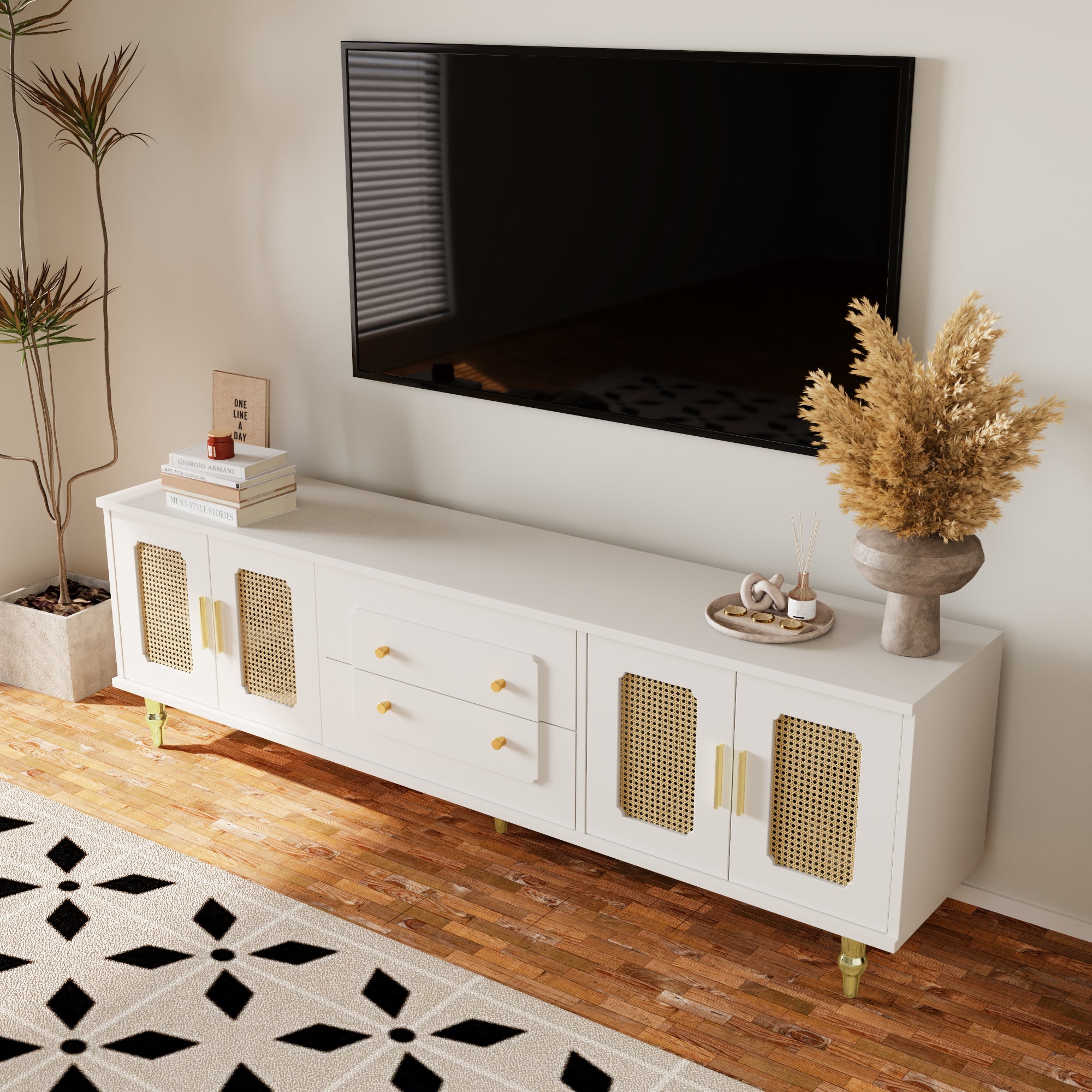 TV Cabinet, Retro Lowboard with Rattan Door & Gold Handles, Metal Legs