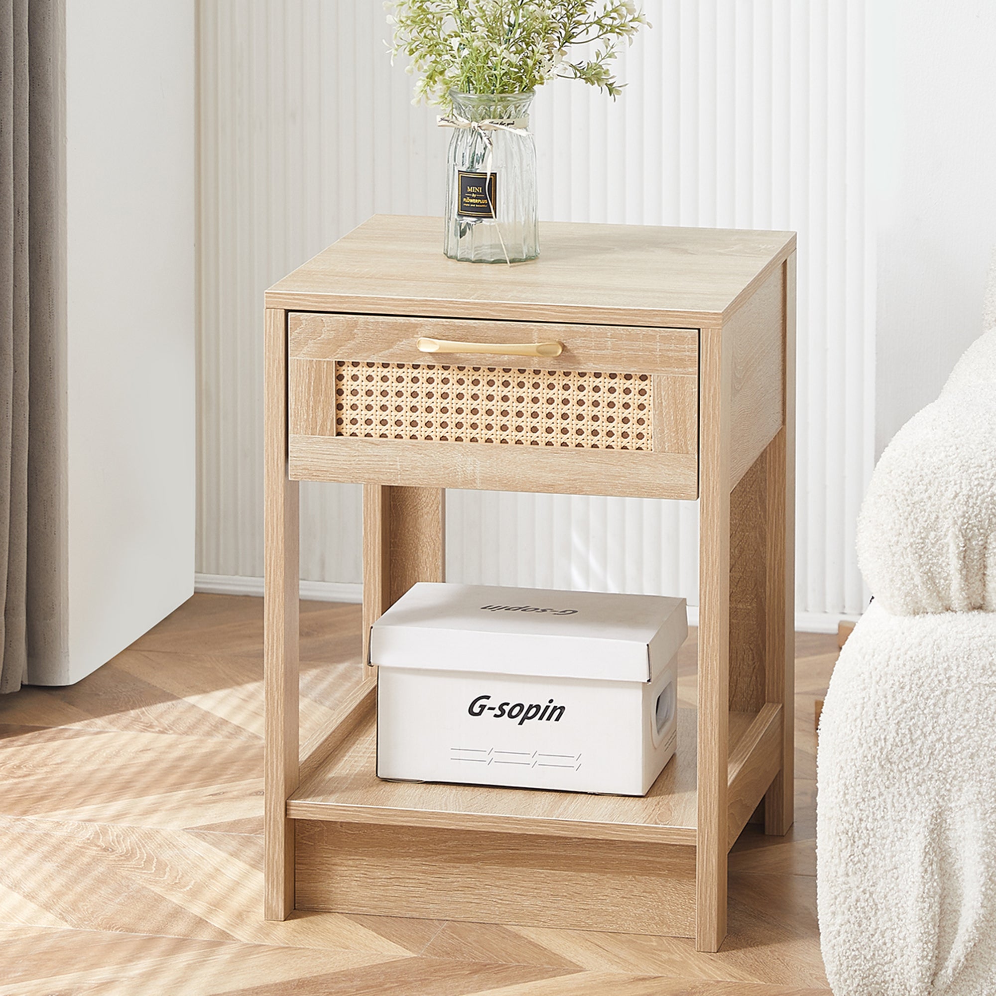 Rattan Side Table with Drawer H55xW40xD40cm Natural Wood Look