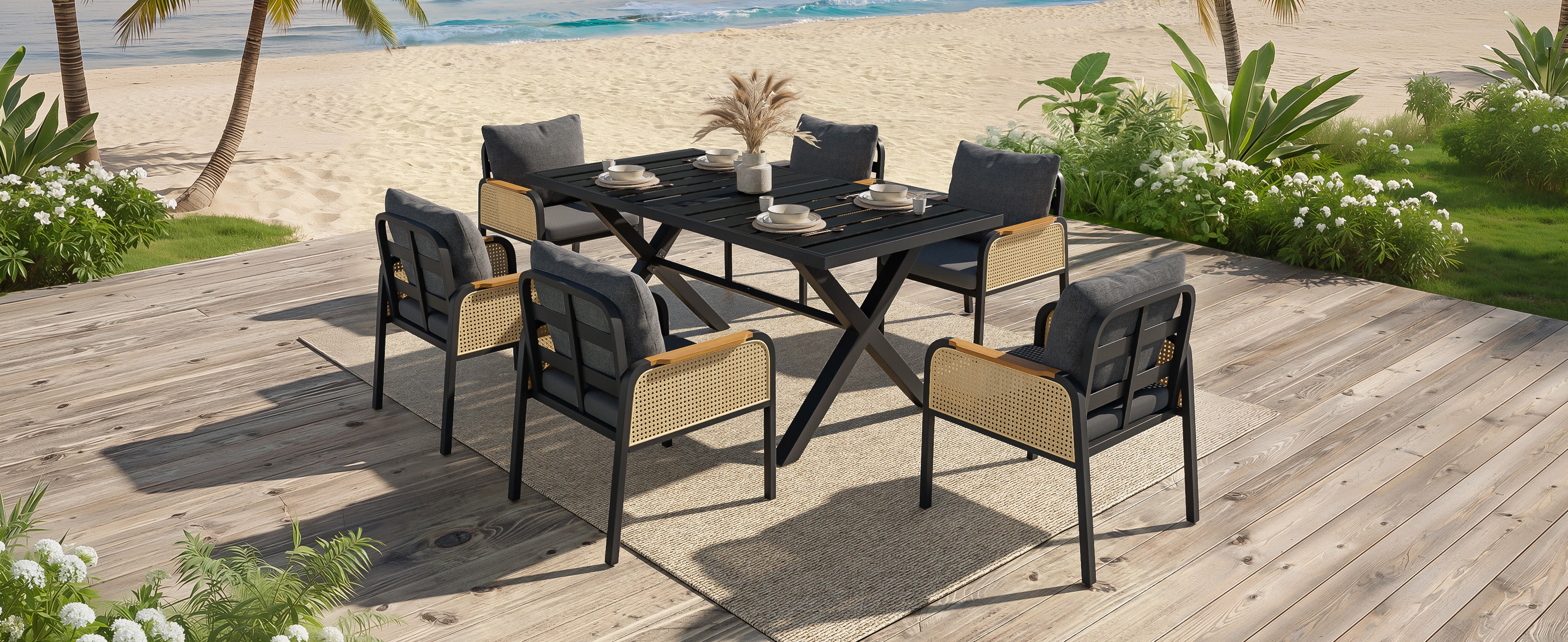 Modern Outdoor Sofa Set with Woven Armrests and Seat Cushions, Iron Frame