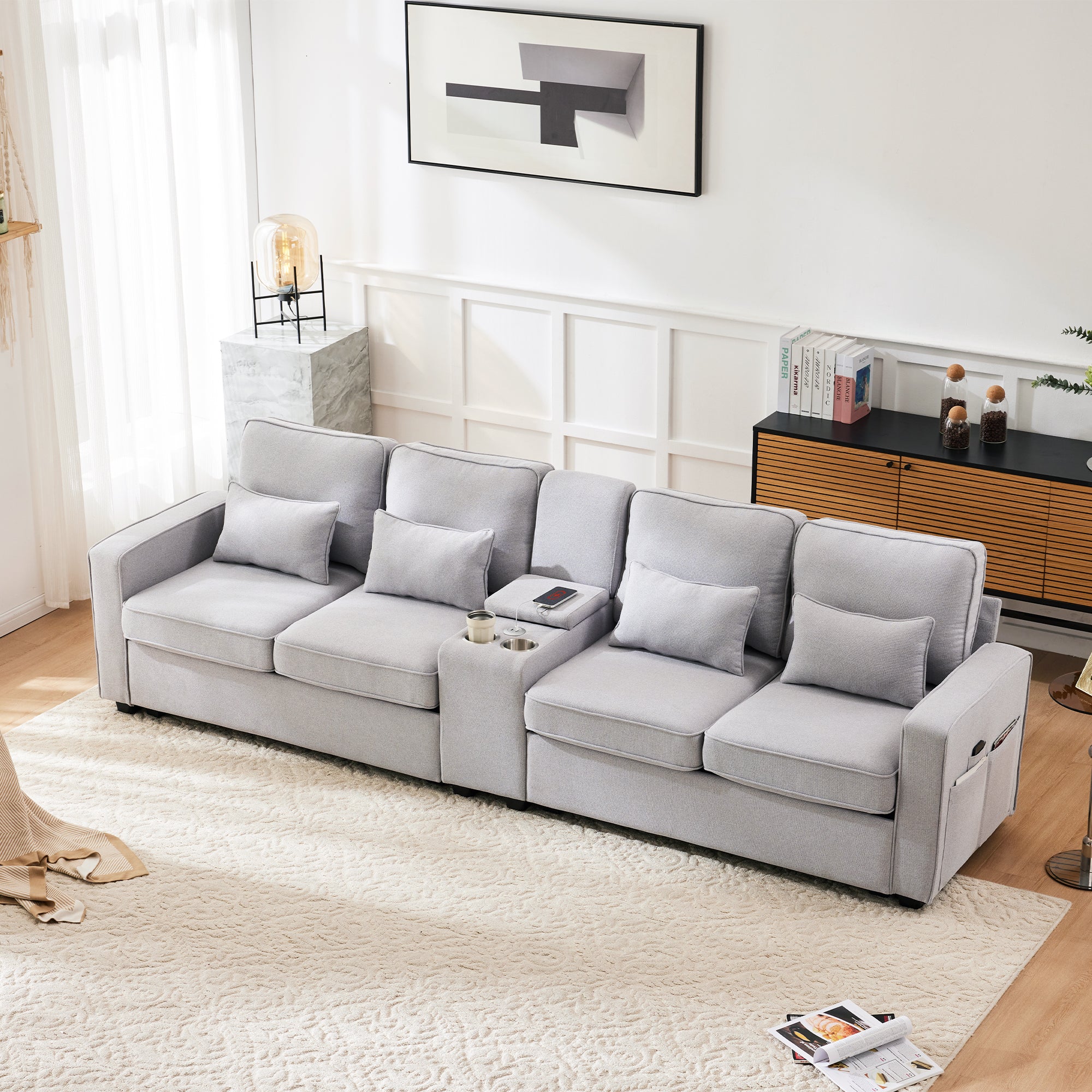 Sofa, 4-Seater with Console, Cupholders, USB, Linen Fabric