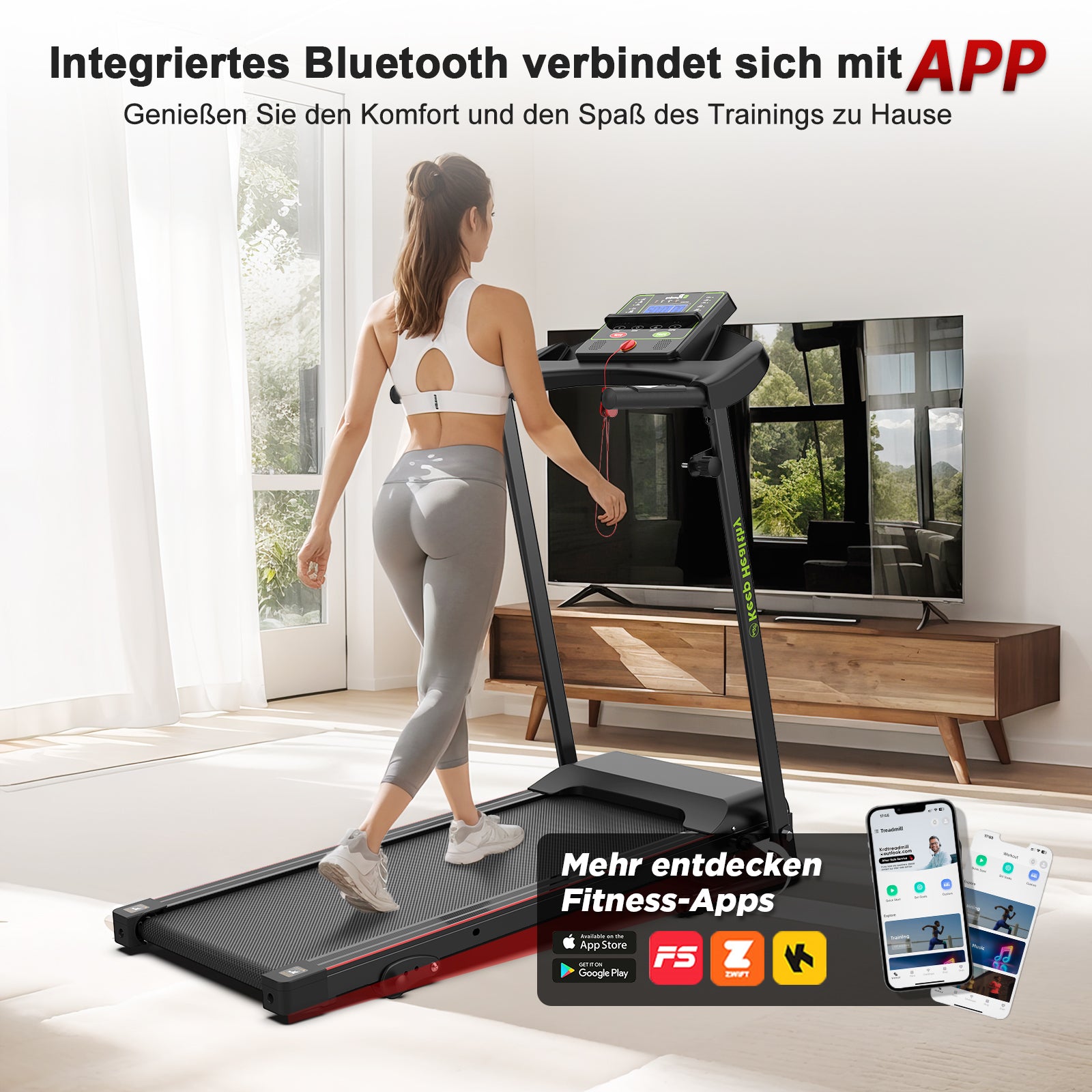 Electric Treadmill, Folding, 12 km/h Max Speed, LED Display, App & Tablet Holder, Compact