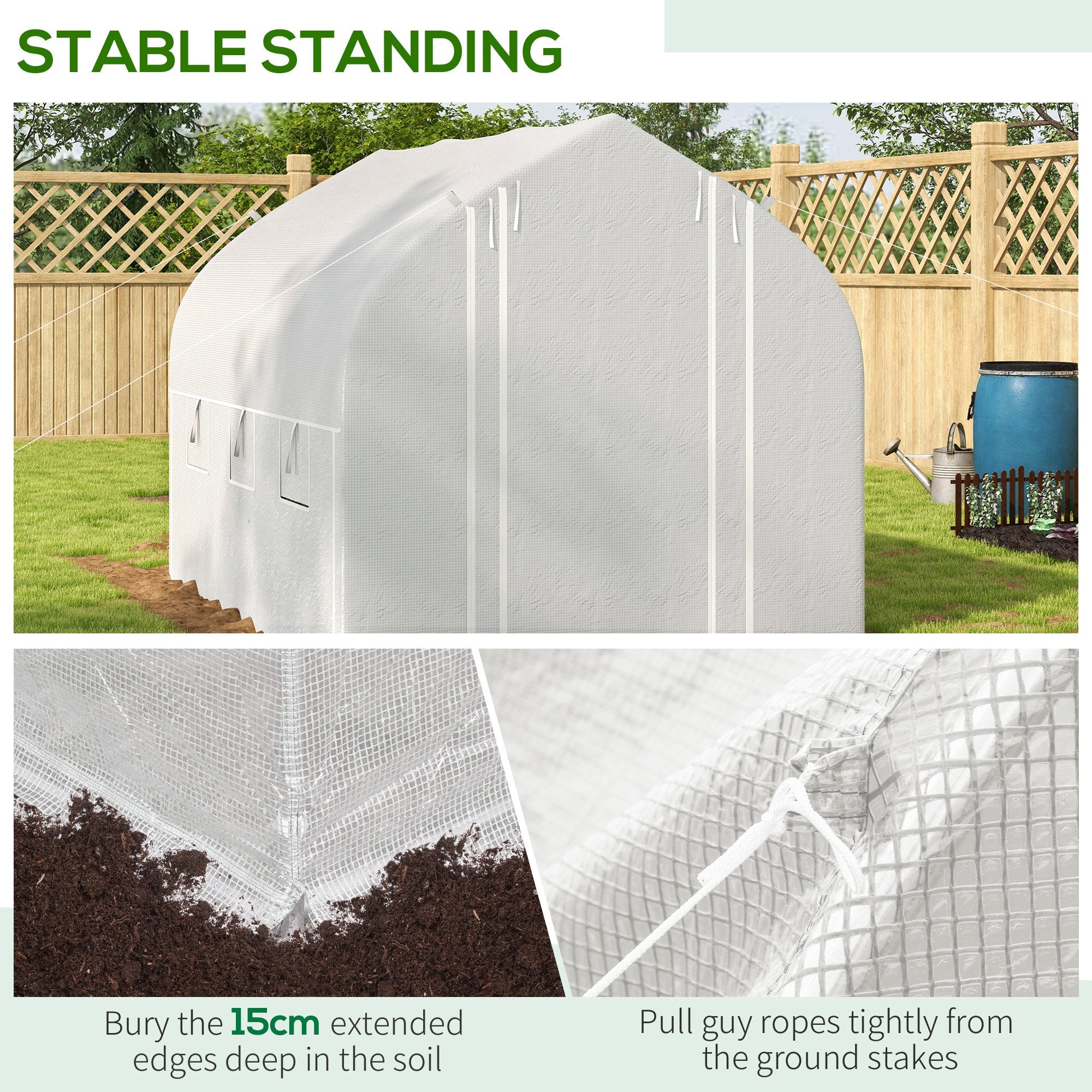 3 x 2(m) Walk-in Polytunnel Greenhouse, Zipped Sidewalls, 6 Mesh Windows, White PE Cover
