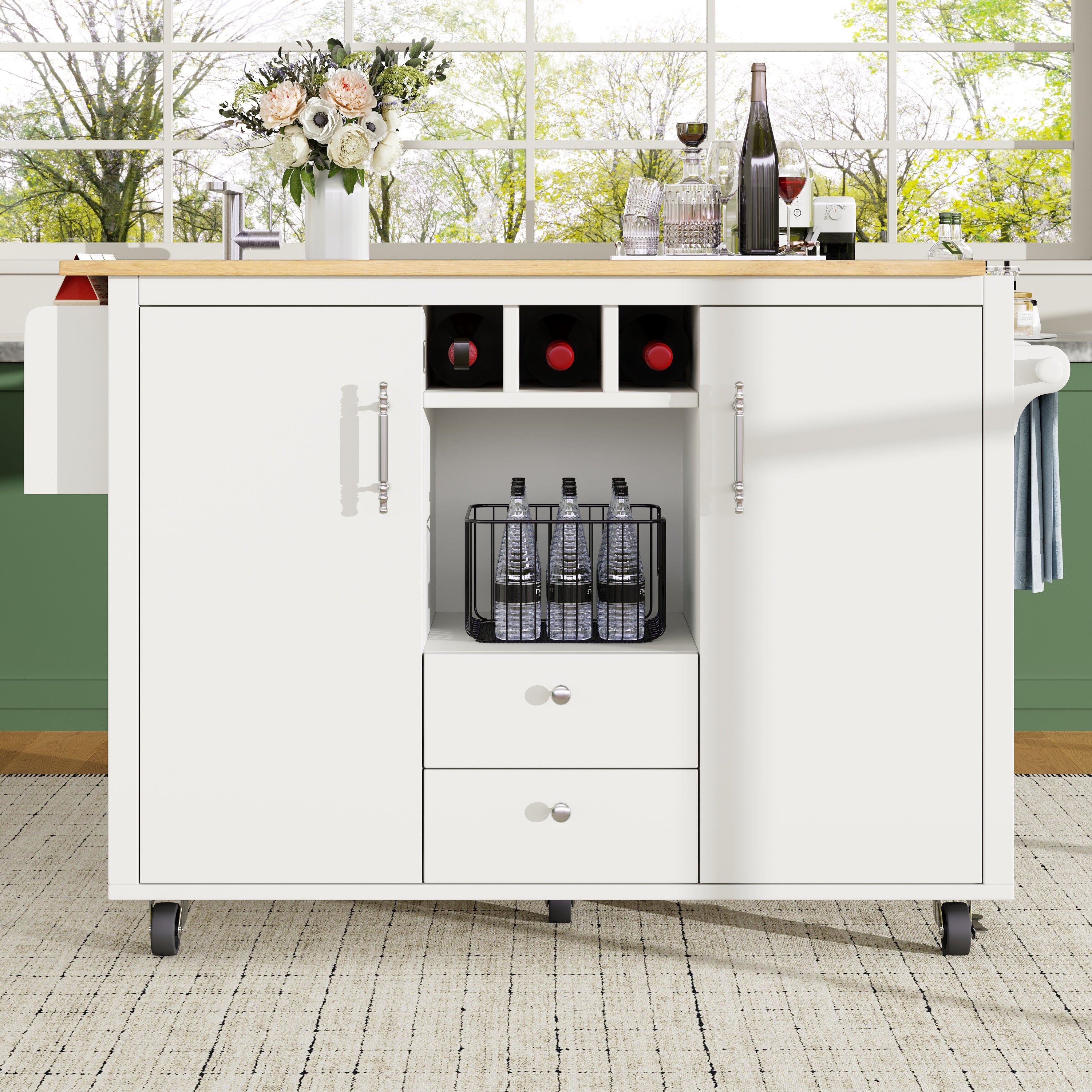 Kitchen Island Trolley with Fold-Down Worktop Storage & Adjustable Shelves - White/Black