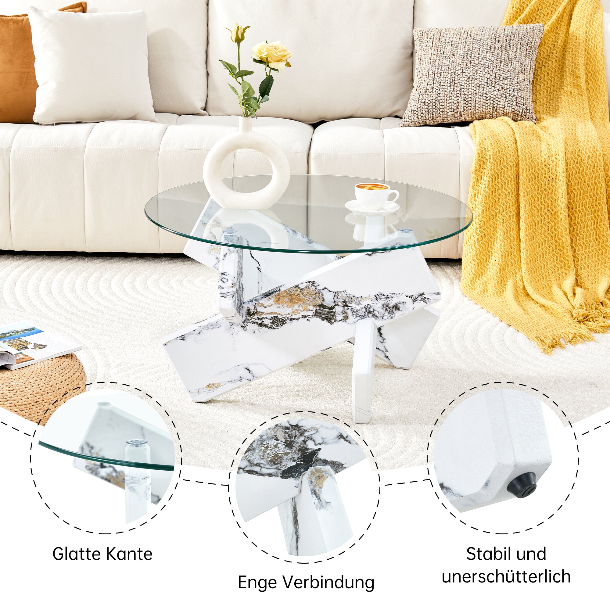 Round Coffee Table Glass Top 79cm Marble Look Legs - Multi-color