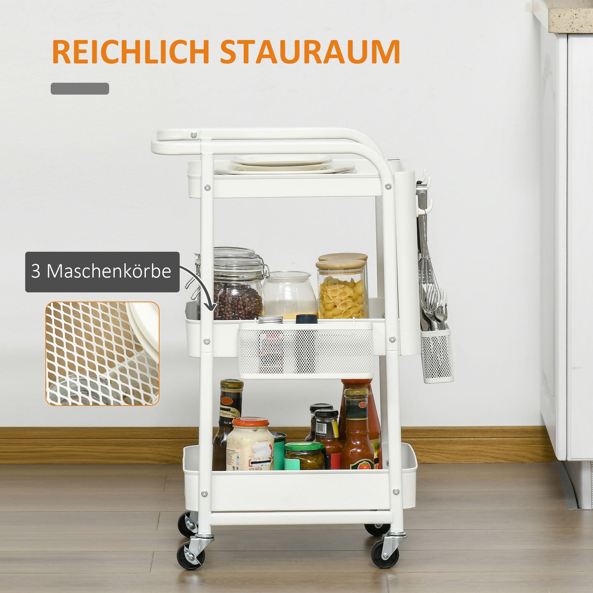 Rolling Cart, 3-Tier Kitchen Shelf with Wheels, Steel White