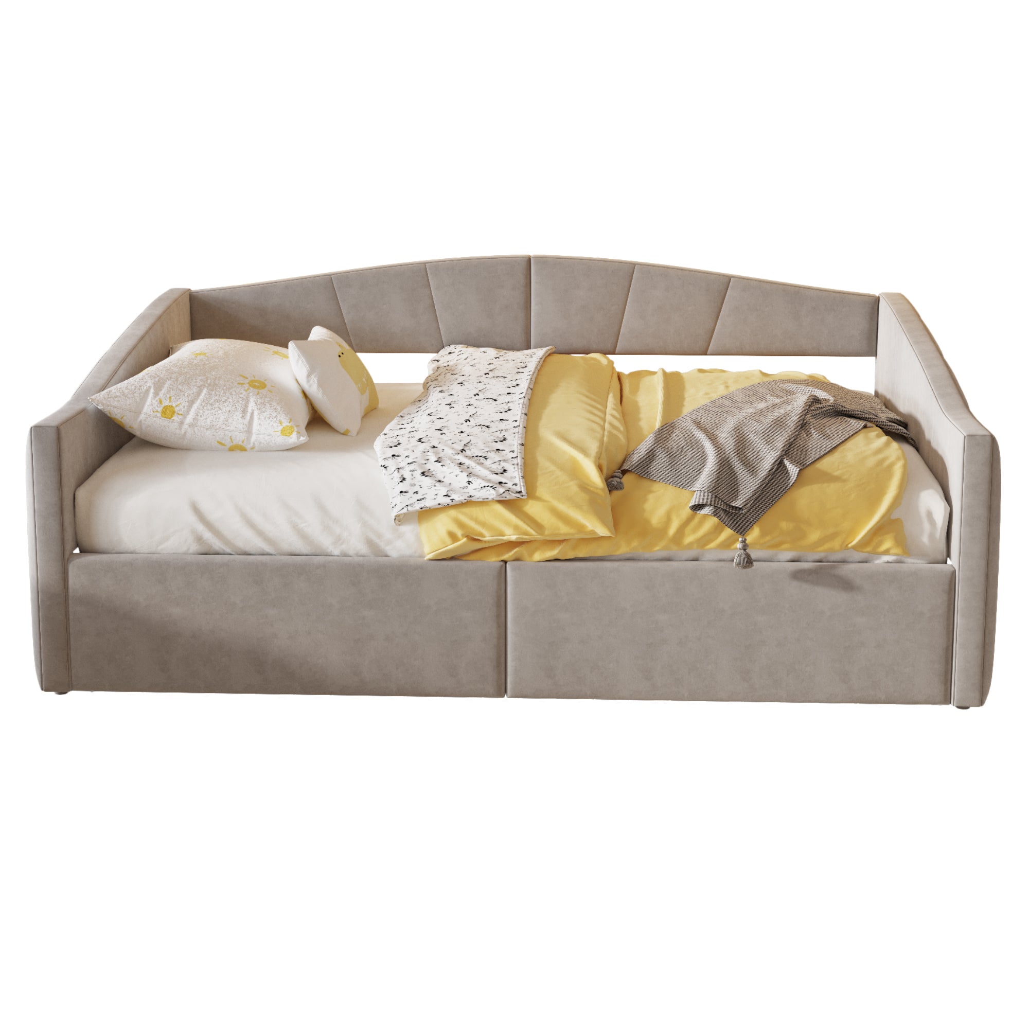 Upholstered Sofa Bed, 140x200cm Hydraulic Storage Slatted Frame Armrests, Light Grey Velvet