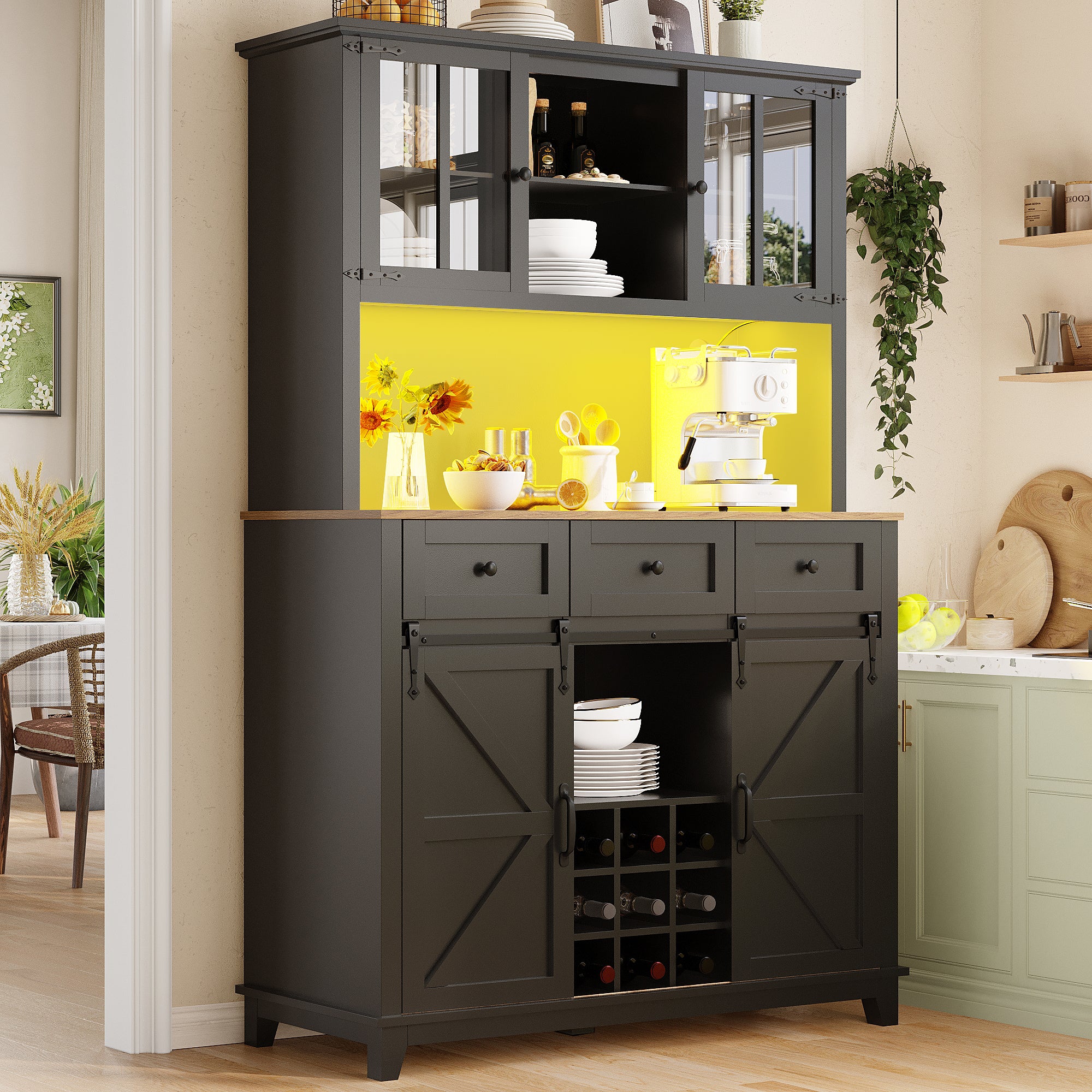 Tall Kitchen Cabinet with LED Lighting and Adjustable Shelves, Black
