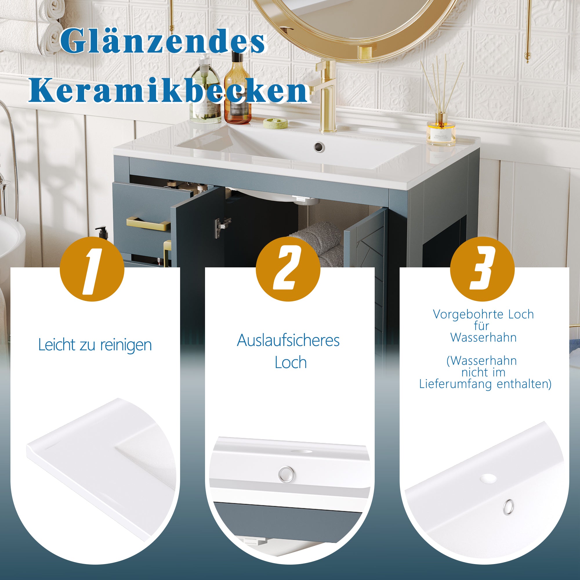 Bathroom Vanity Unit with Ceramic Sink and 3 Drawers, Blue