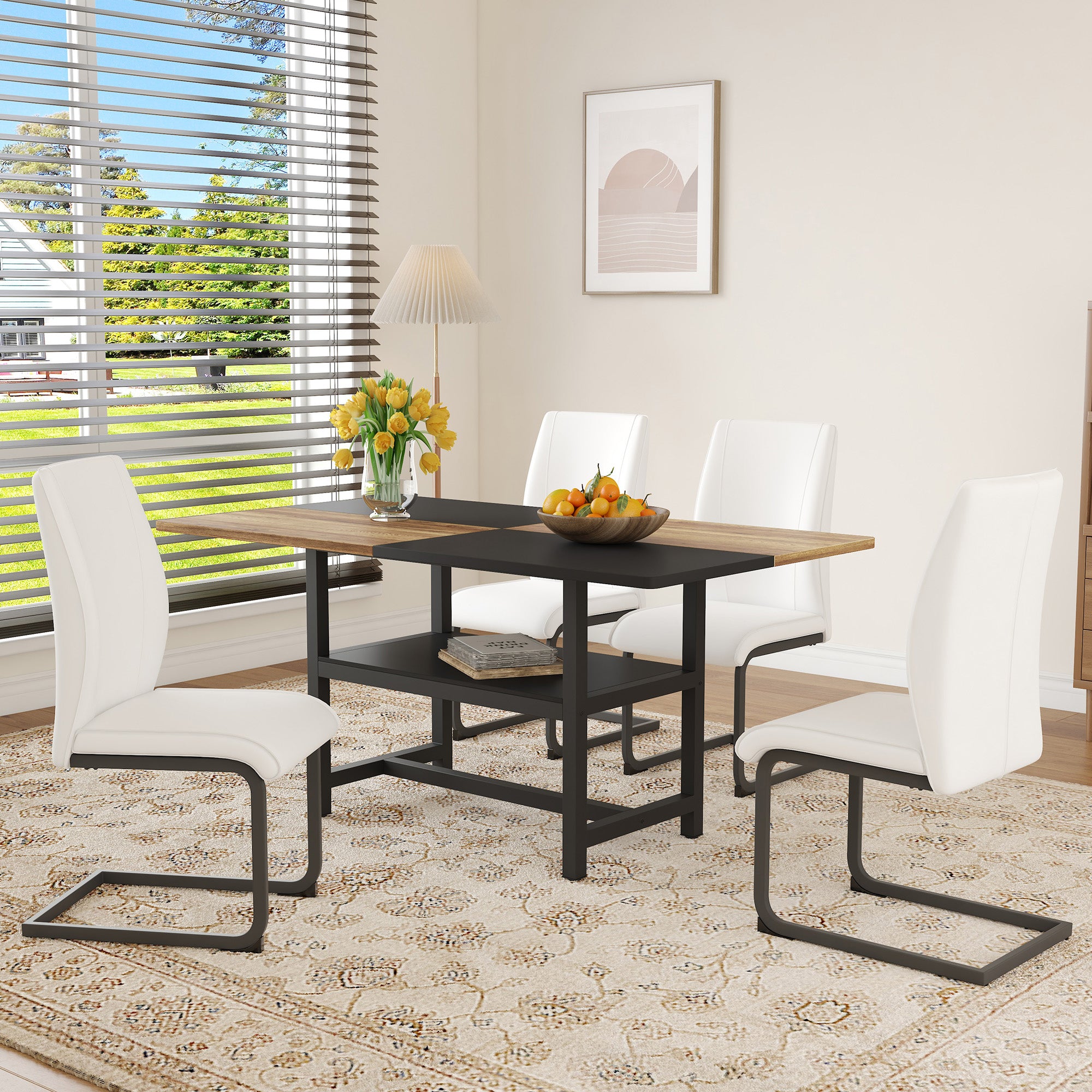 Table Set, Rectangular Dining Table with Storage Shelf and 4 Armchairs, White Faux Leather