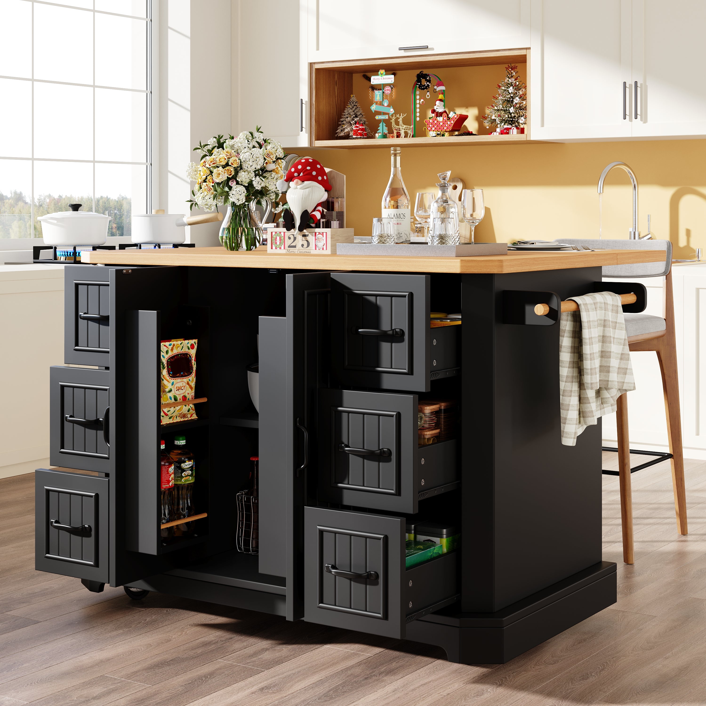 Mobile Kitchen Island with 2 Doors and 6 Drawers, White and Black