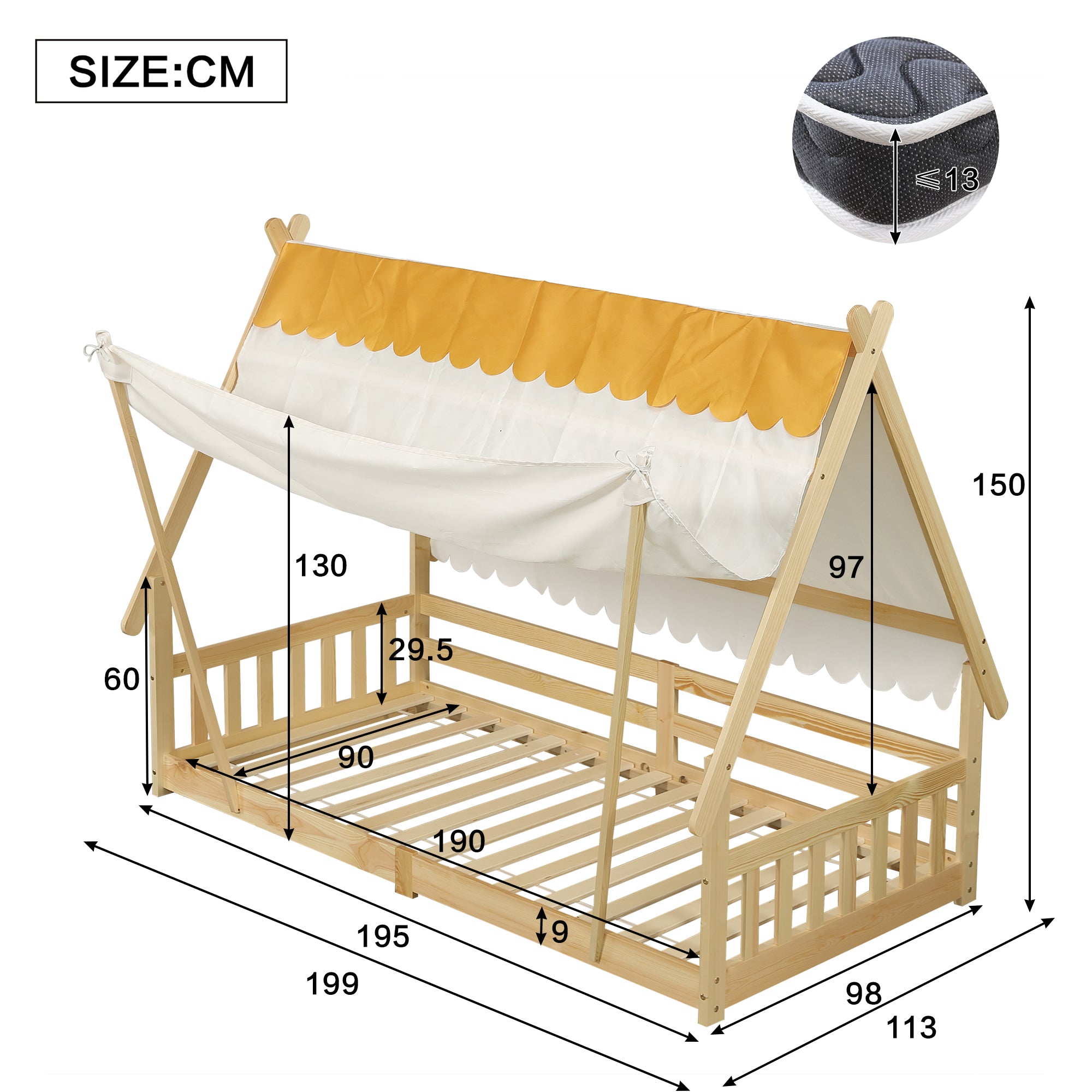 Children's Bed Single, Wooden House Design, Removable Tent, Safety Railing, Pine + Plywood, Natural, 90x190cm