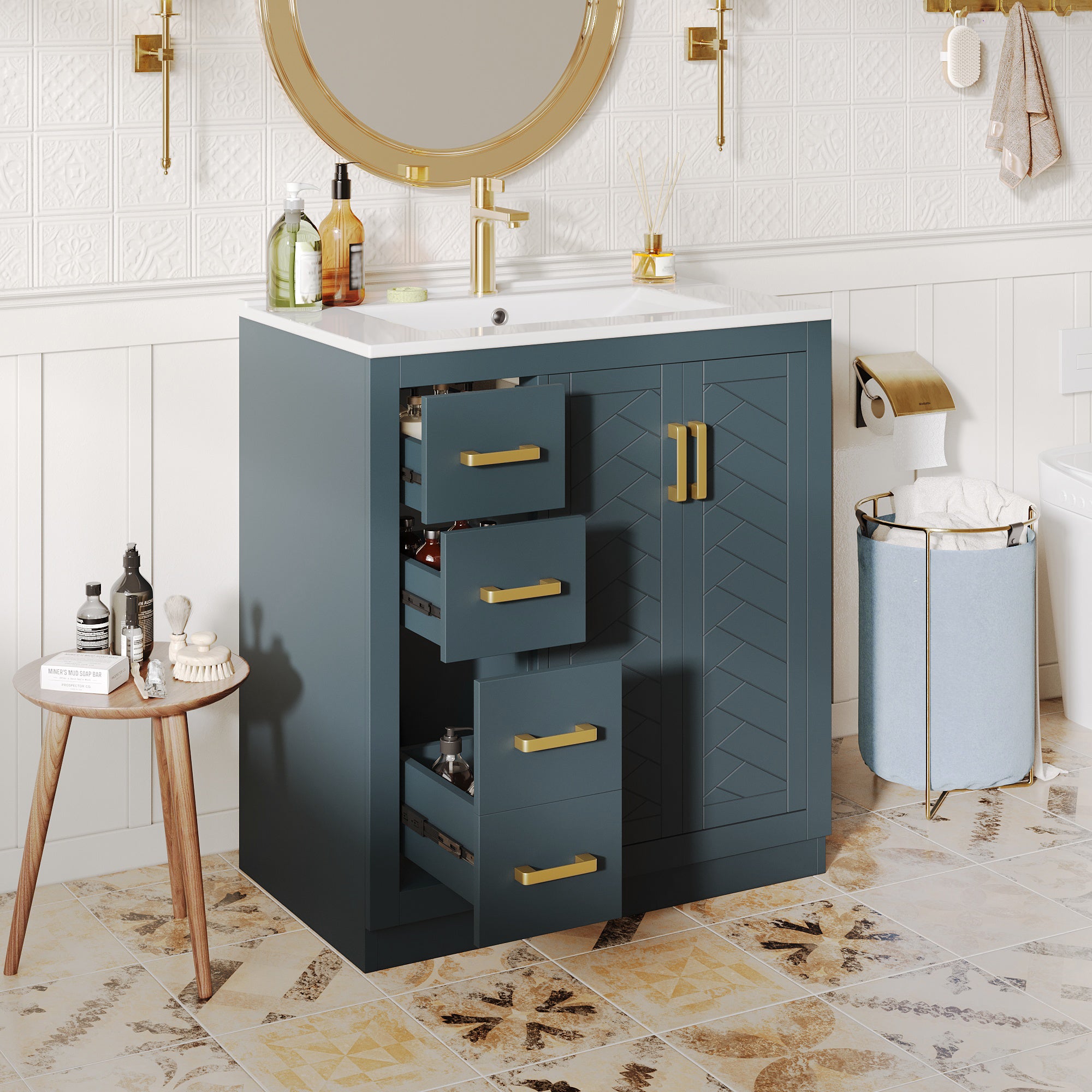 Bathroom Vanity Unit with Ceramic Sink and 3 Drawers, Blue