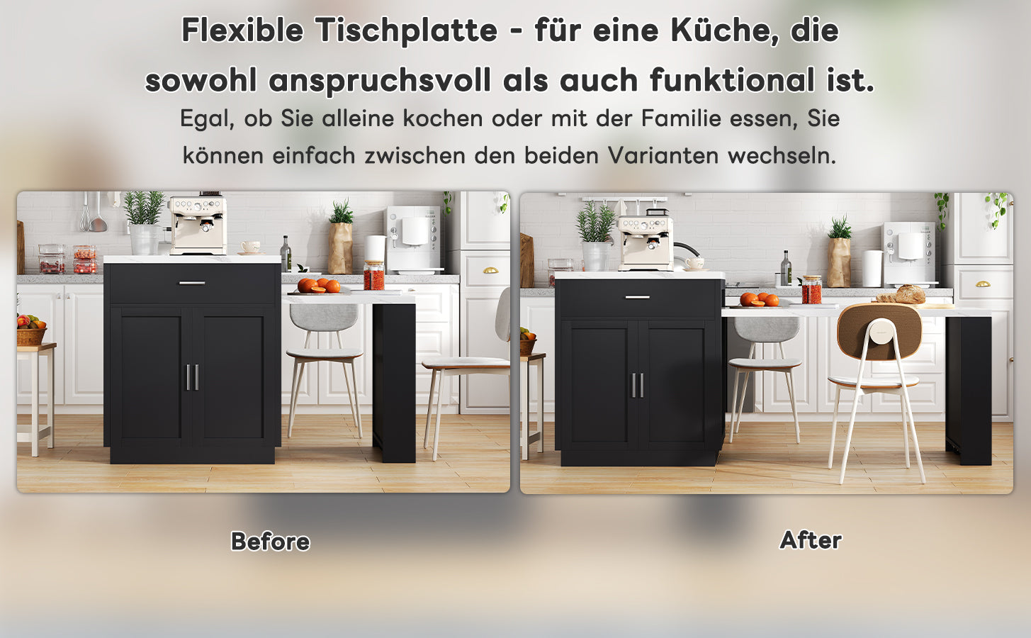 Kitchen Island with Extendable Dining Table for 4-6 People, Power Outlet and Storage Drawers, Black and White Marble Look