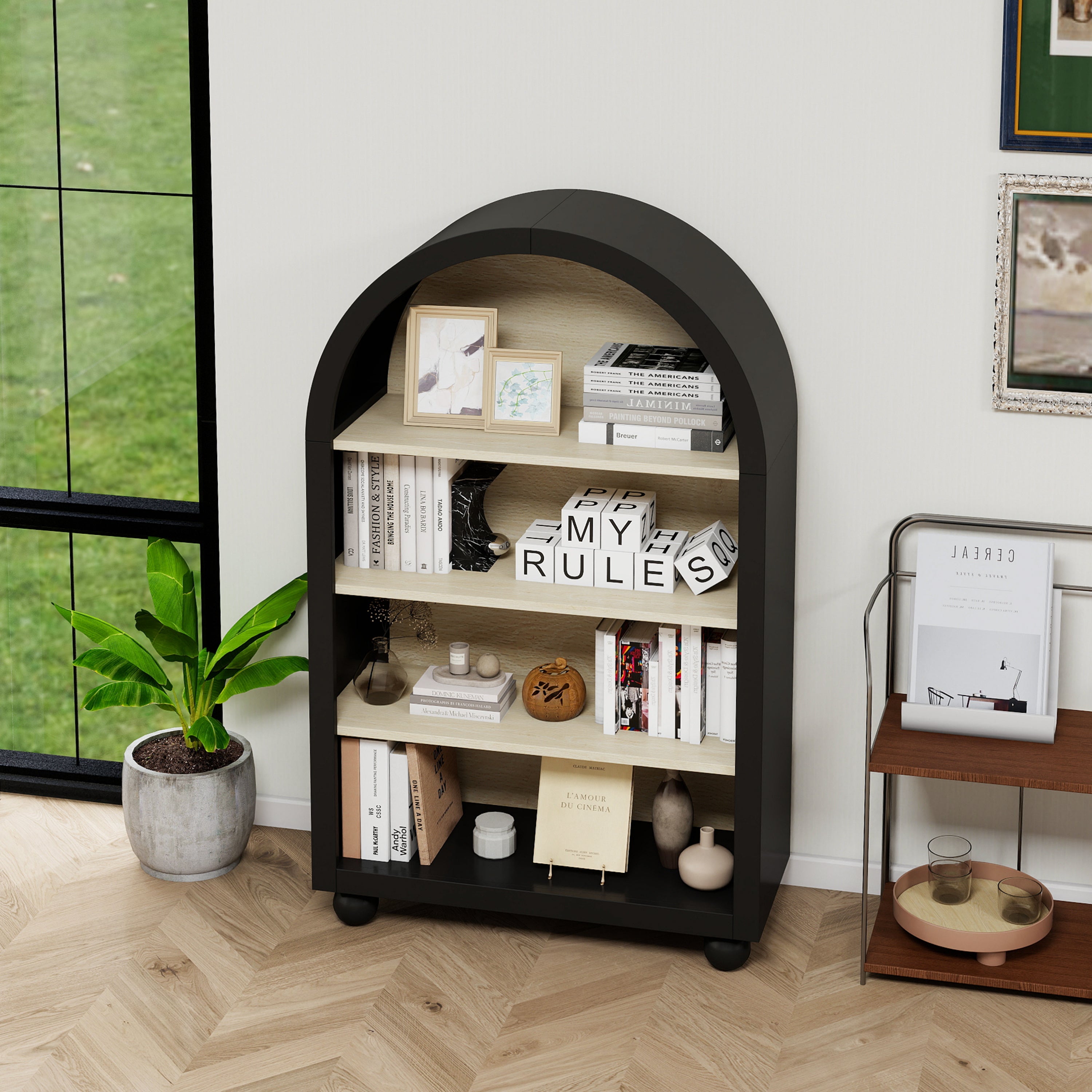 Black arched bookcase, 120cm high, four tiers, modern design