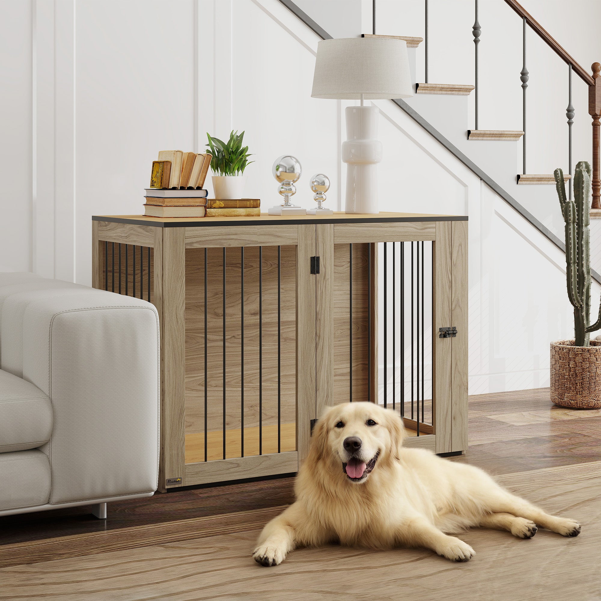 Dog Cage Furniture, Crate with Door & Window, Oak