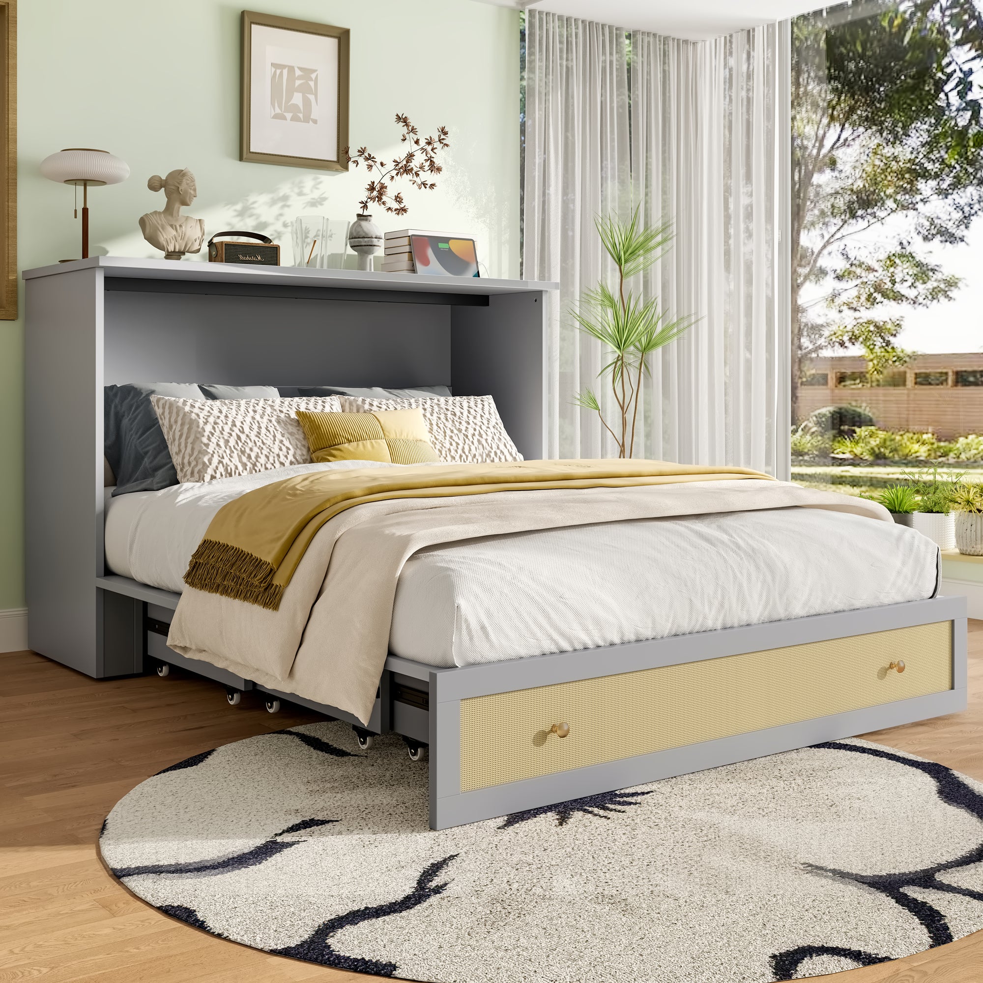 Wall Bed 140x200cm Mobile Convertible Storage Drawers Shelf USB/Power Outlet - Grey