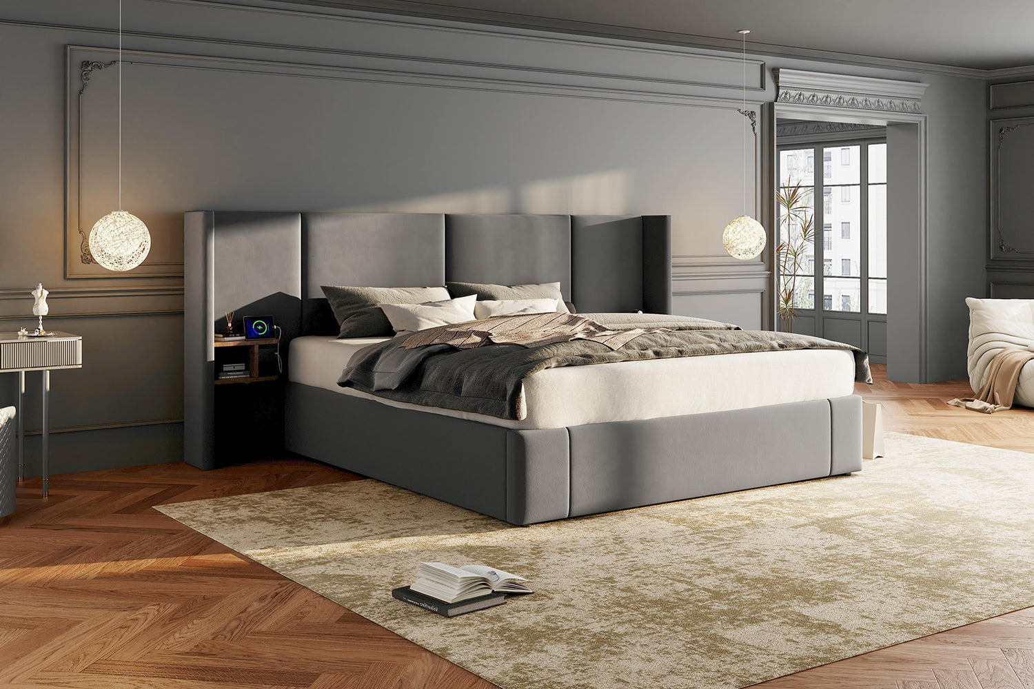 Upholstered Super King Size Bed 6ft (180*200cm) with Ottoman Lift Up, USB Connection, Sockets, and Two Bedside Tables, Velvet, Grey