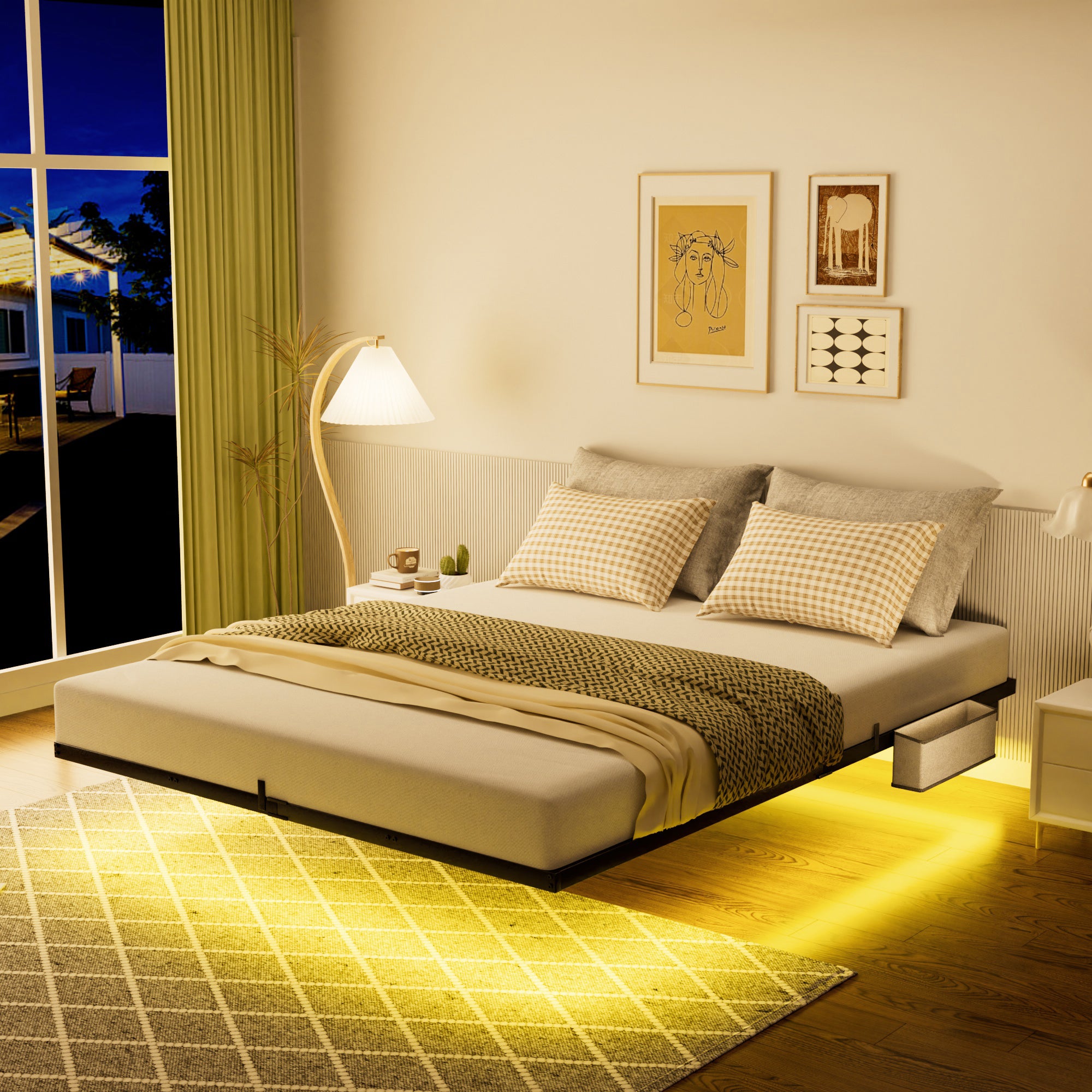 Floating Metal Bed 140x200cm, LED Lights, Black