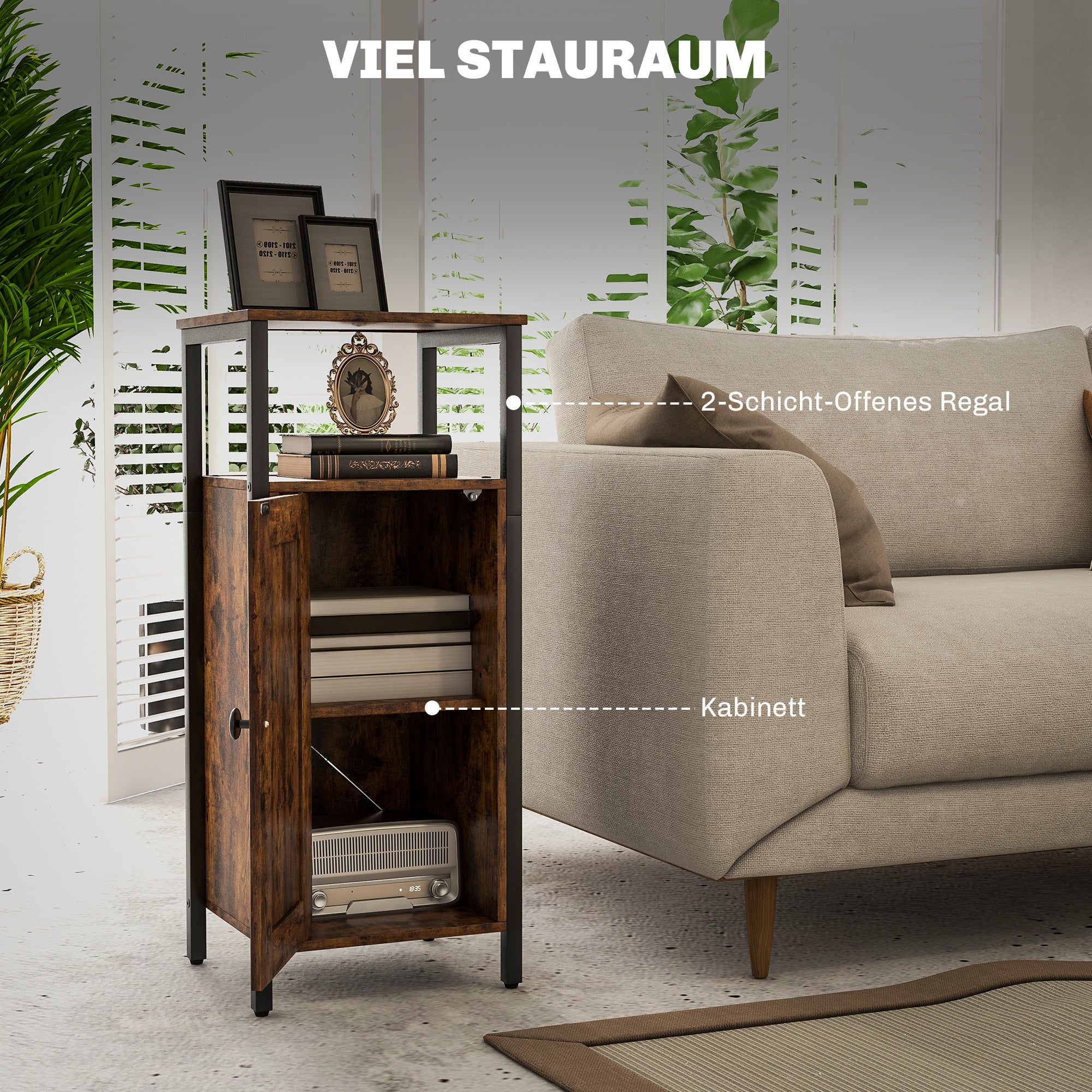 Side table, coffee table with adjustable shelf, industrial design, rustic brown