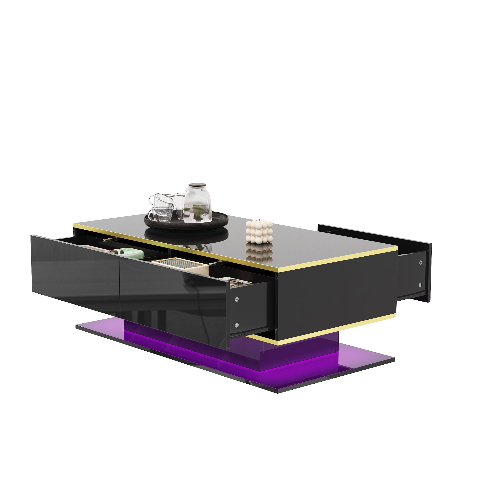 High-Gloss LED Coffee Table Modern 100cm with 3 Drawers USB Light Strip Gold Trim