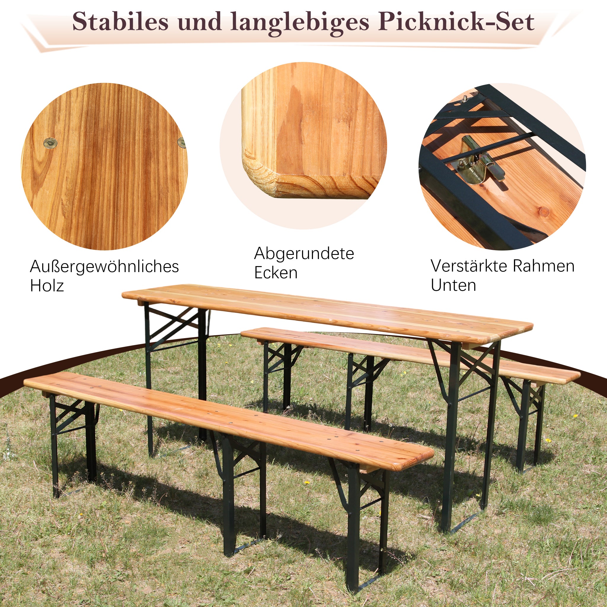 Foldable Beer Garden Set 175cm 3-Piece Table & Benches Solid Pine