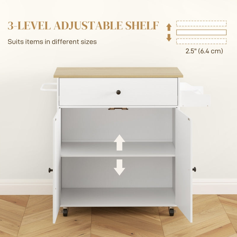 Rolling Kitchen Island with Drop Leaf, Drawer, Spice Rack, Towel Rack, White