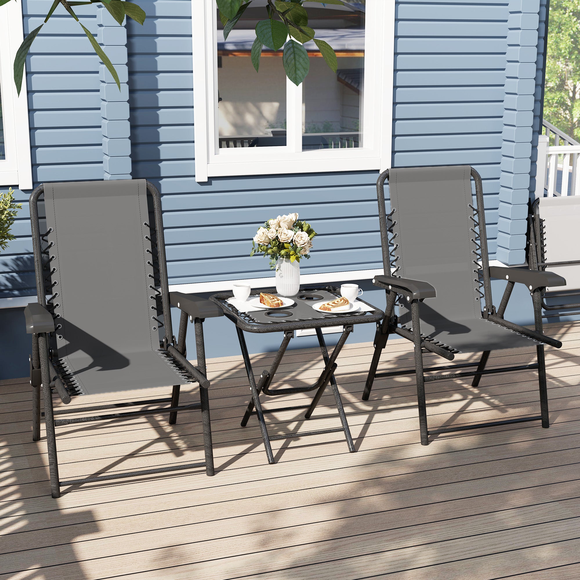 Three-Piece Garden Table and Chair Set, Folding Bistro Mesh-Top, Dark Grey