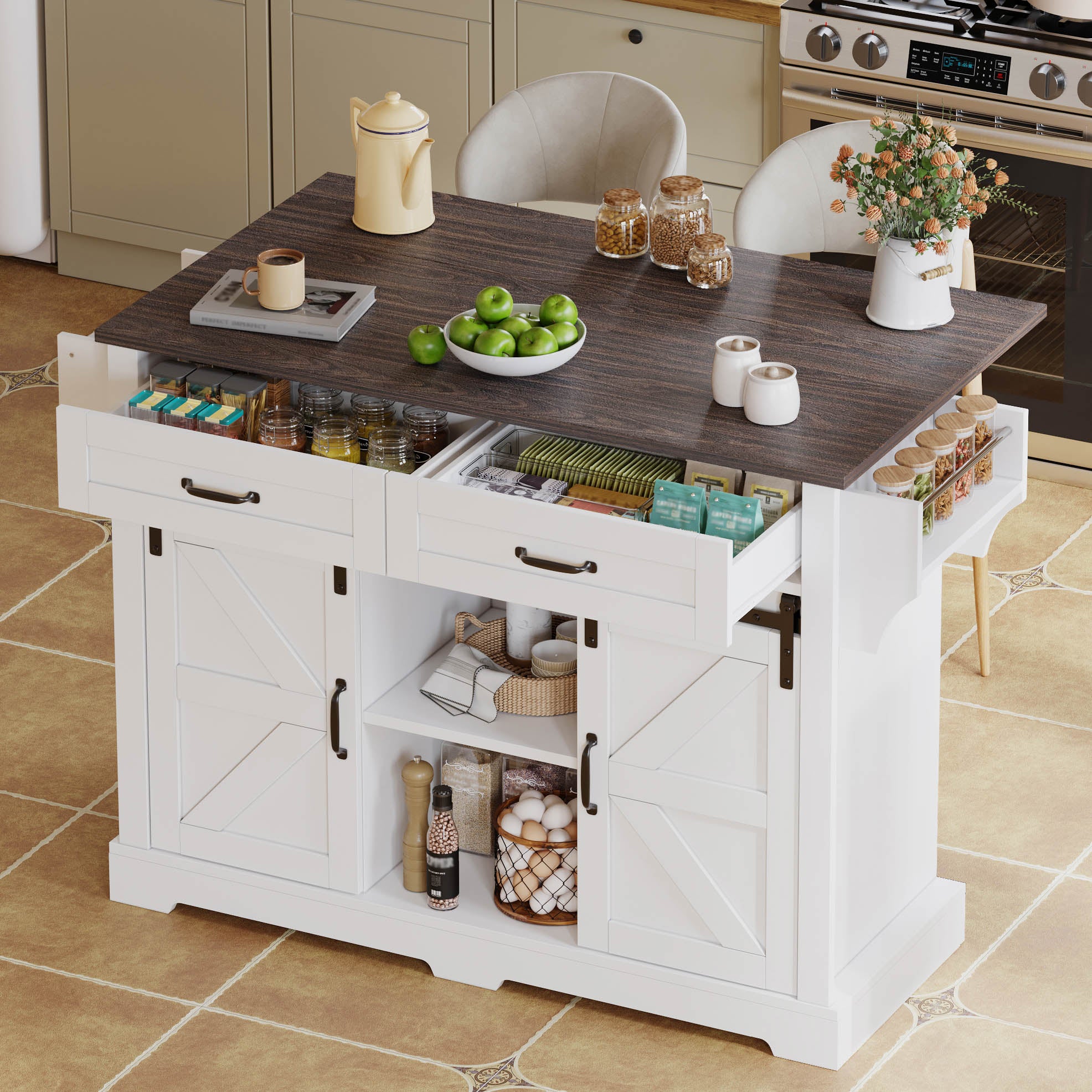 Kitchen Island with Fold-Down Worktop and Sliding Doors, Barn Style, White