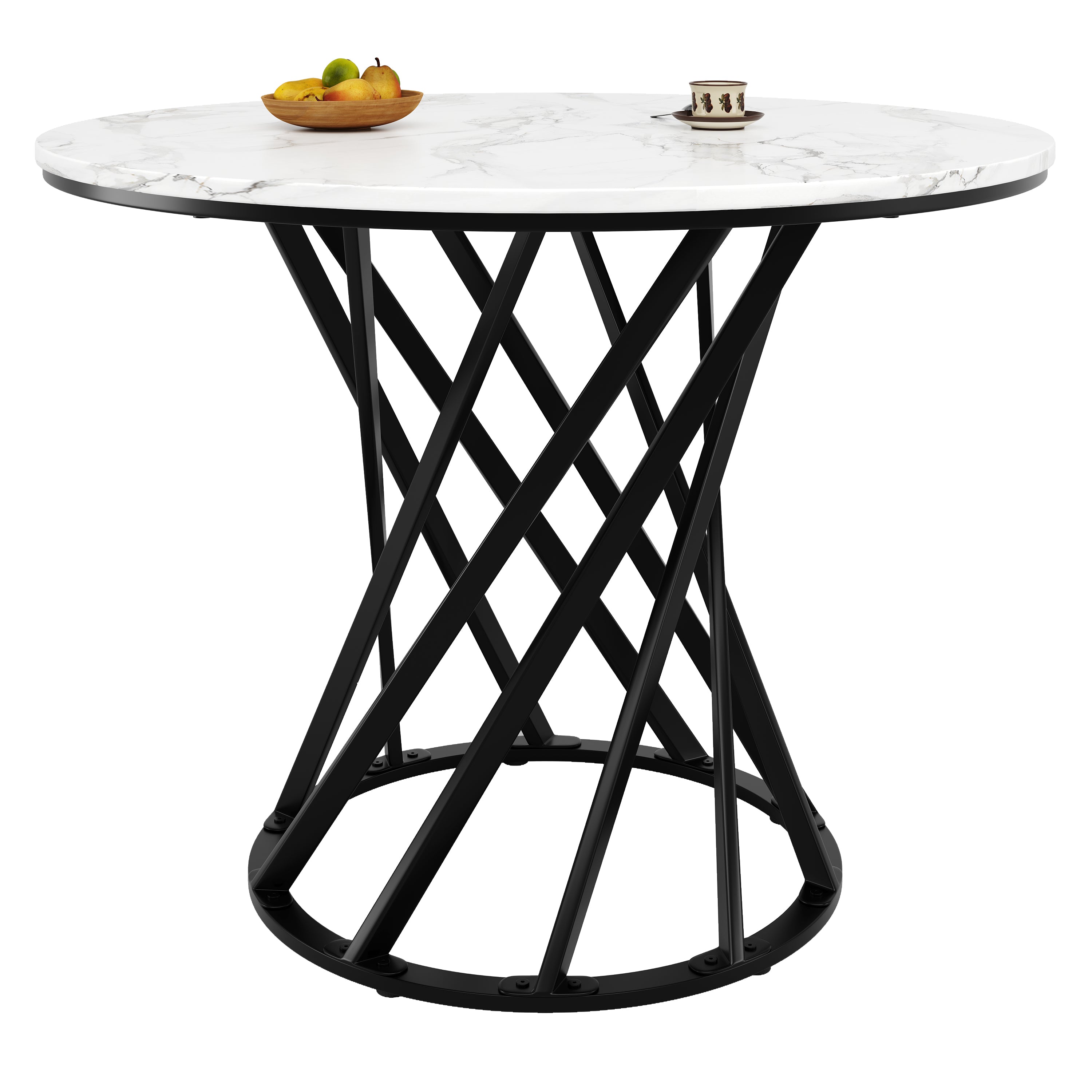 Round Dining Table 80cm for 4 Marbled MDF Top Black Metal Legs