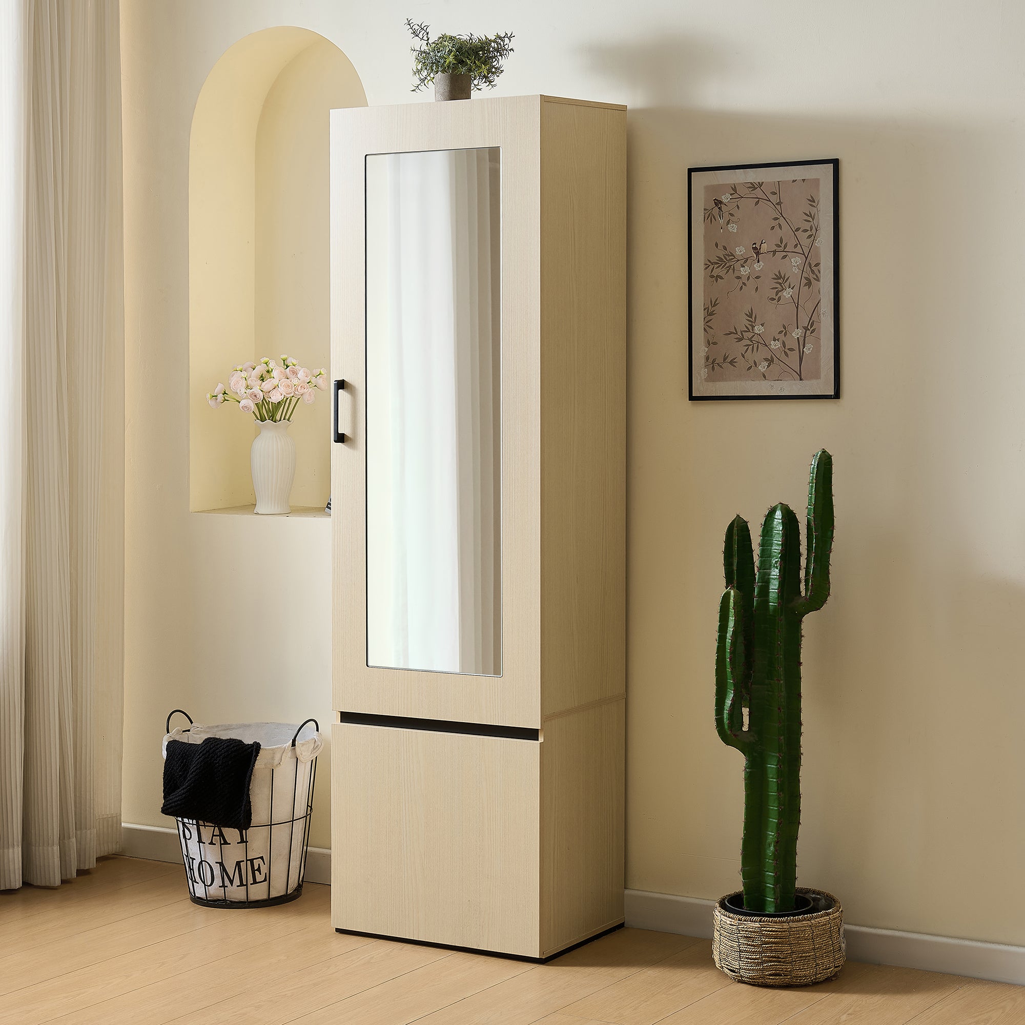 Wardrobe Narrow, Mirror & Pull-Out Rail, Space-Saving MDF