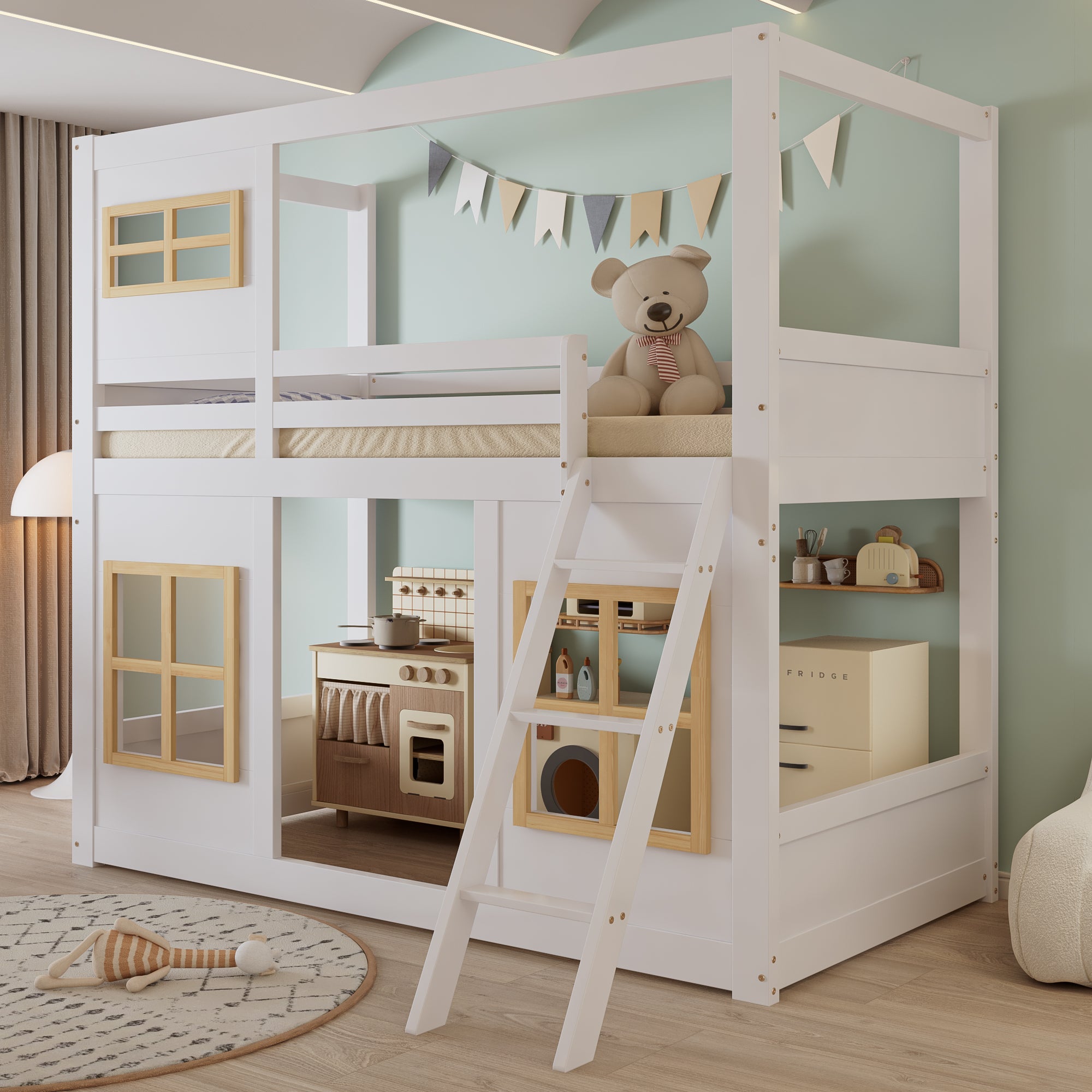 Bunk Bed, Kids with Windows, Ladder & Fencing, Pine + MDF + Plywood