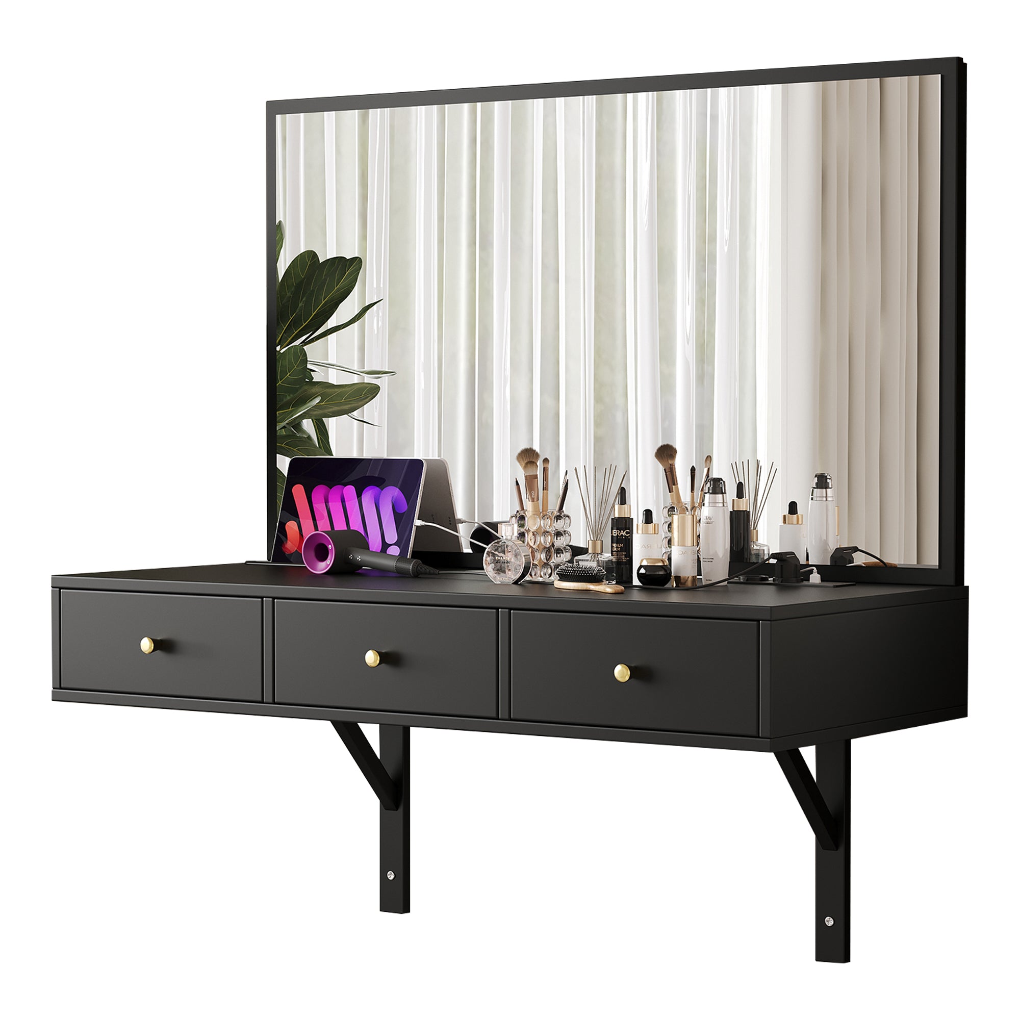Wall-Mounted Vanity Table with Mirror, 3 Drawers, Power Outlets, Tablet/Card Slot, Drink Holder, Black