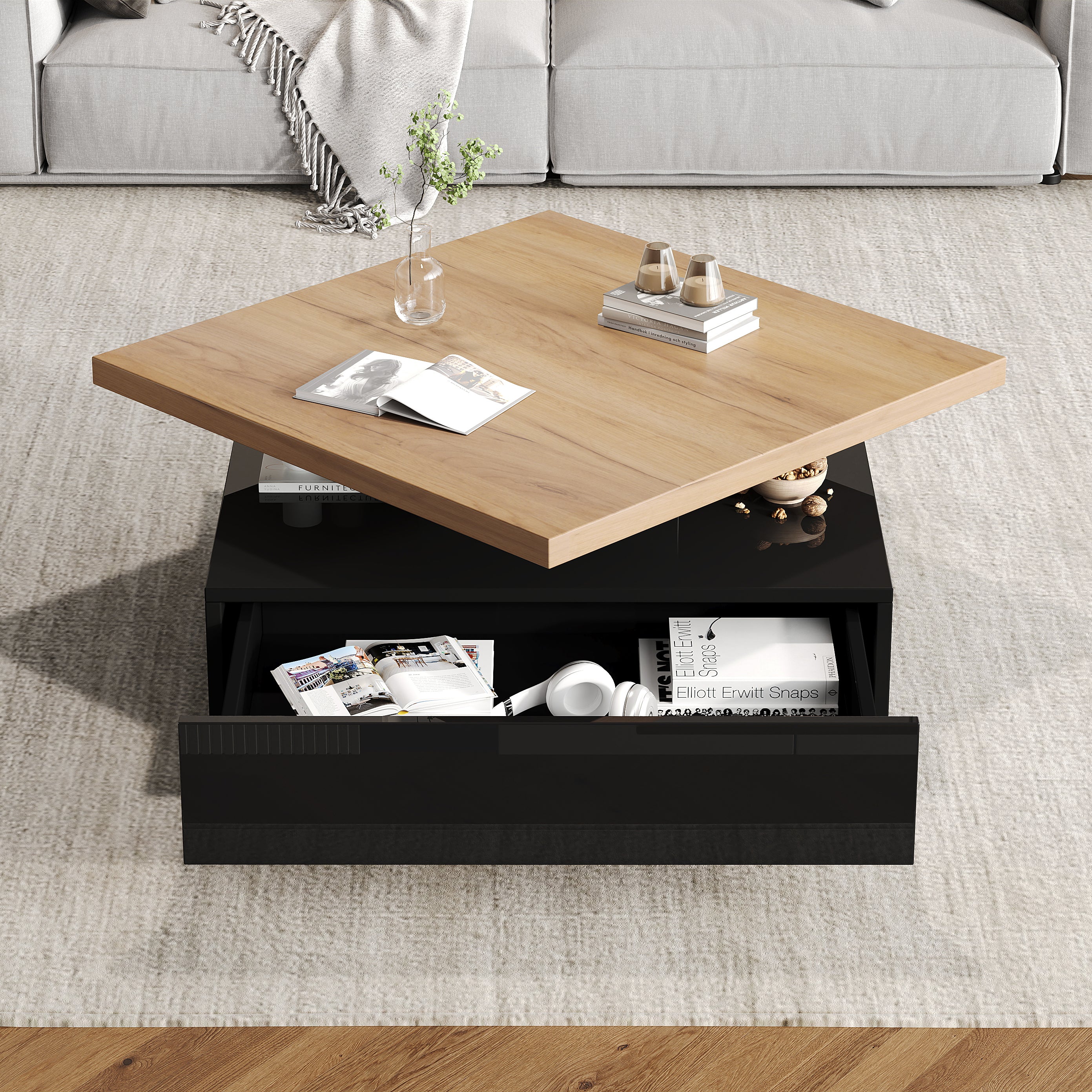 Coffee Table Multifunctional 360° Swivel 2-Tier Storage - Natural/Black Chipboard