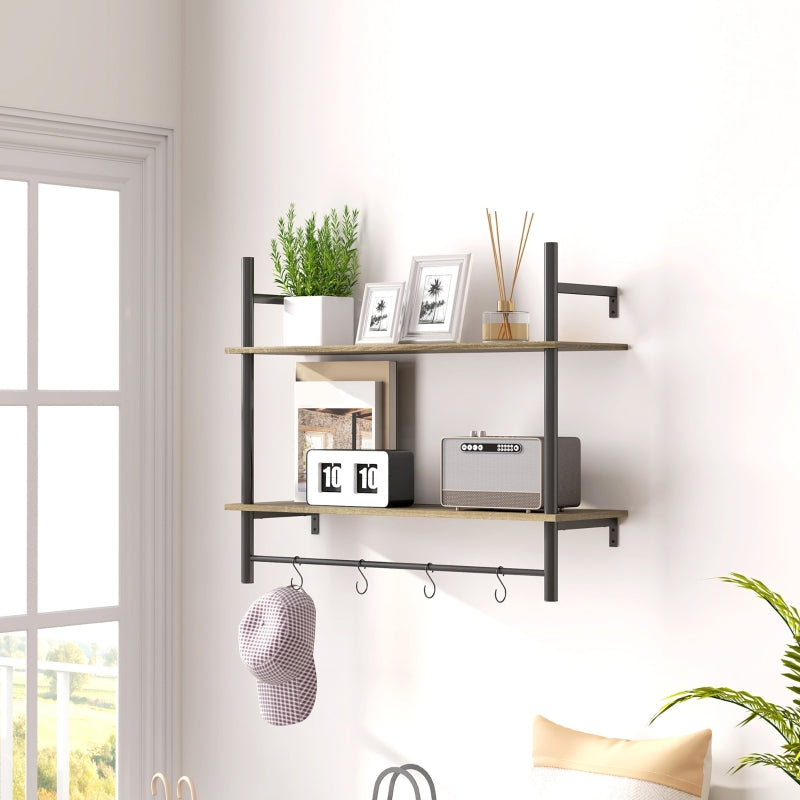 Wall Mounted Floating Shelves, Rustic 2-Tier with 4 Hooks, Grey
