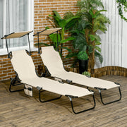 Set of 2 Folding Sun Loungers Sunshade 5-Pos. Adjustable Backrest - Brown