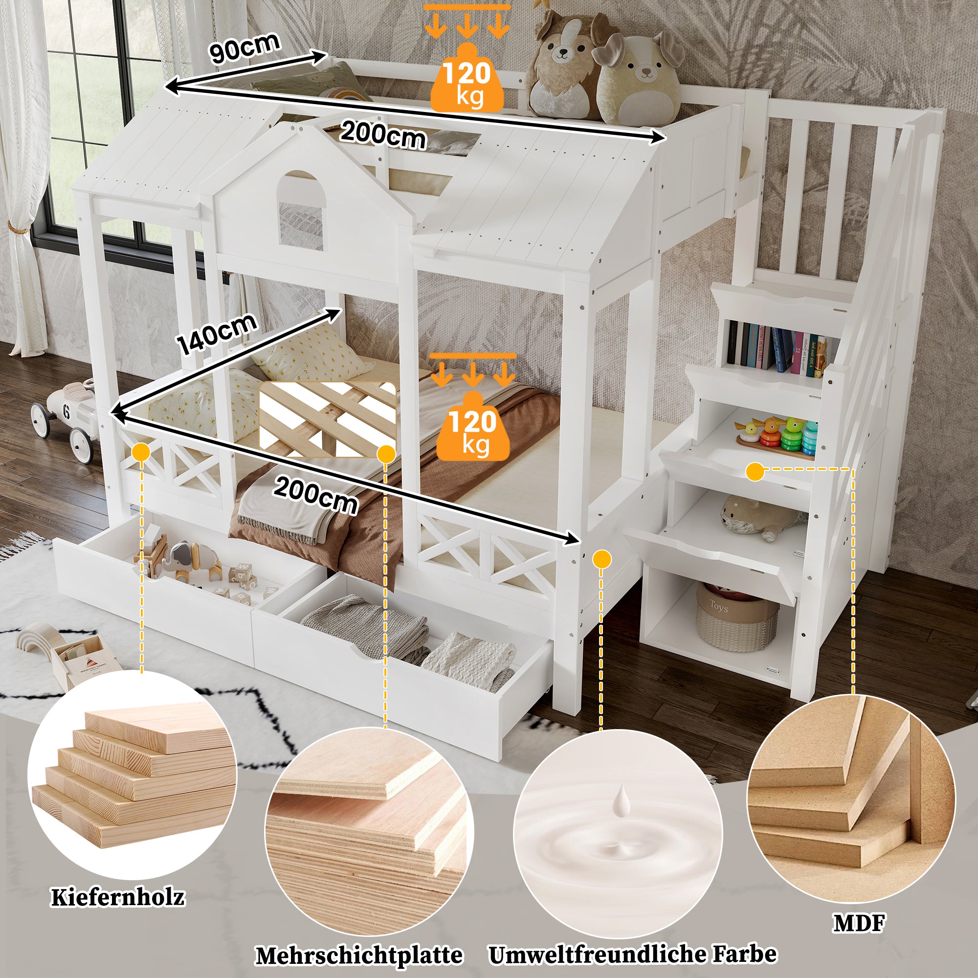 Bunk Bed Children's Storage, Drawers & Stair Cupboard, Pine + MDF + Plywood White